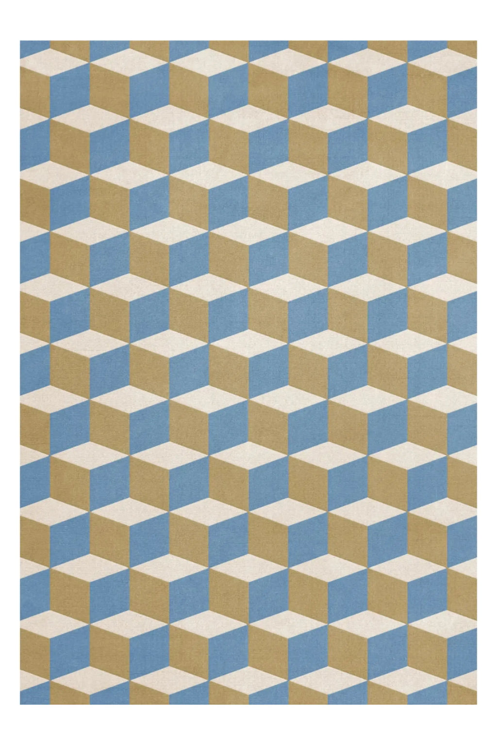 Layered Illusion Wool Rug, featuring a mesmerizing geometric cube pattern in shades of blue, beige, and off-white. This high-quality wool area rug offers a modern, visual depth for contemporary liv...