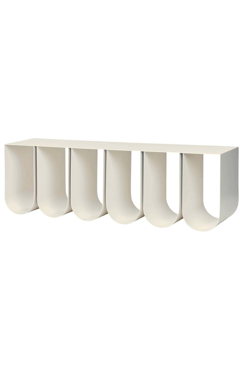 Kristina Dam Curved Wall Shelf, an off-white modern minimalist wall shelf crafted from smooth powder-coated metal, featuring a distinctive sculptural design with multiple U-shaped sections creating elegant storage.