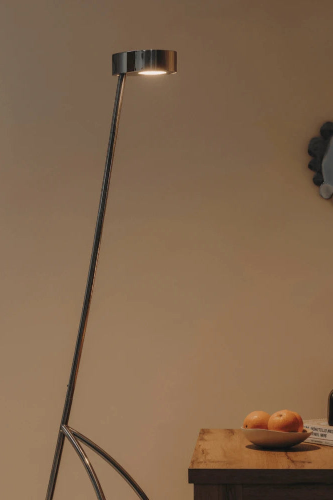 The Giraffe Lamp standing tall in a modern living room, casting a warm and inviting glow