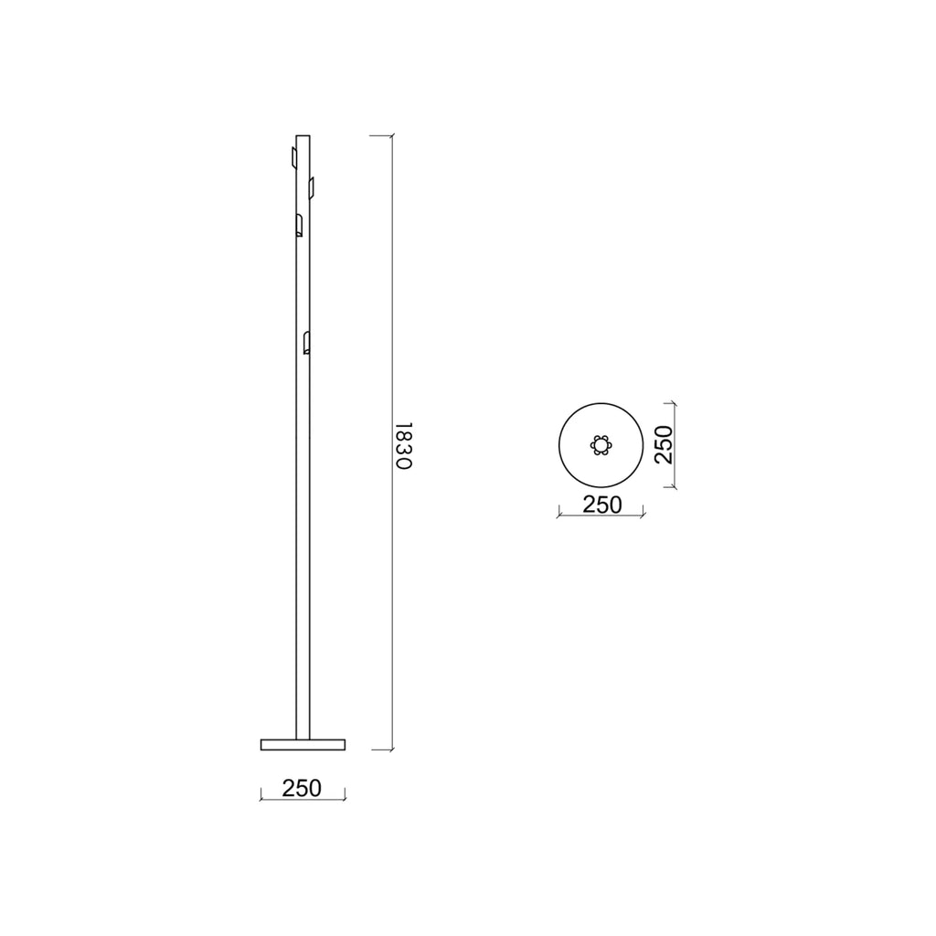 noo.ma Yuko Coat Rack, a modern minimalist coat stand featuring a tall, slender vertical post with multiple integrated, subtly protruding rectangular hooks and a flat, stable square base, designed for a.