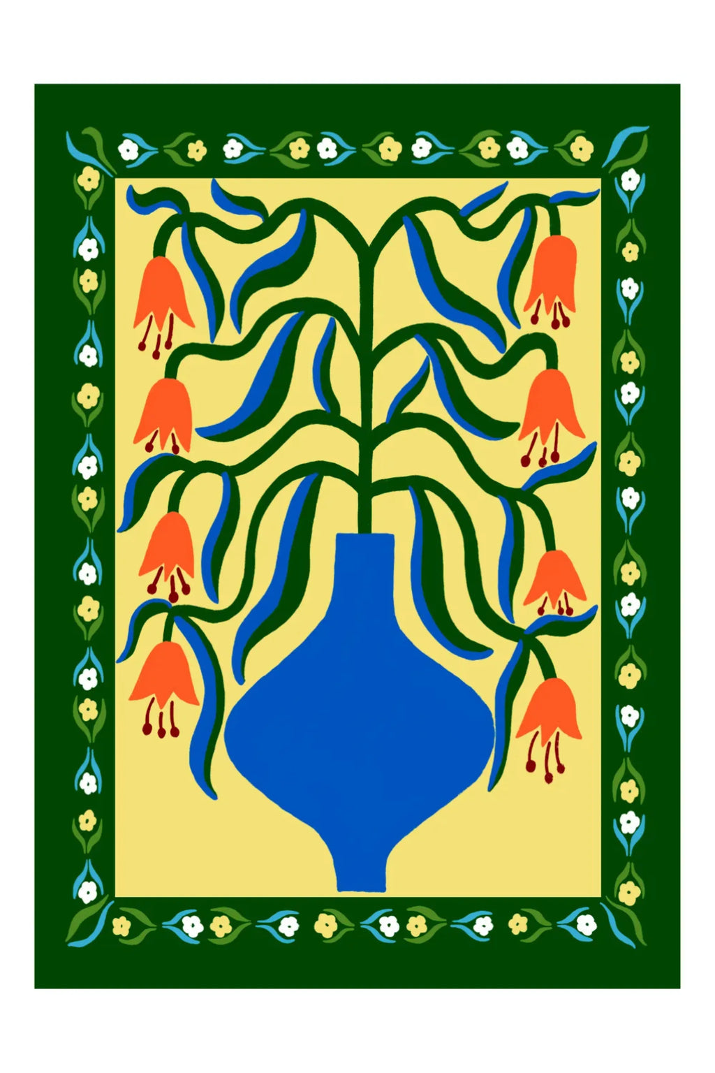 The Poster Club Orange Fantasy Flowers, a vibrant graphic floral art print featuring a stylized royal blue vase holding bright orange fantasy flowers and deep green and blue leaves, all set against a sunny yellow background.