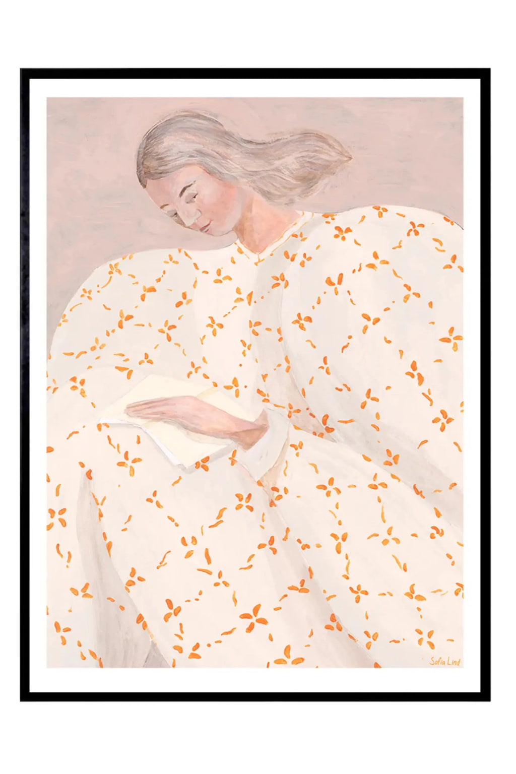The Poster Club Secret Notes, a contemporary figurative art print depicting a serene woman in a flowing white dress with an abstract orange floral pattern, gently reading a letter against a soft blush pink background.