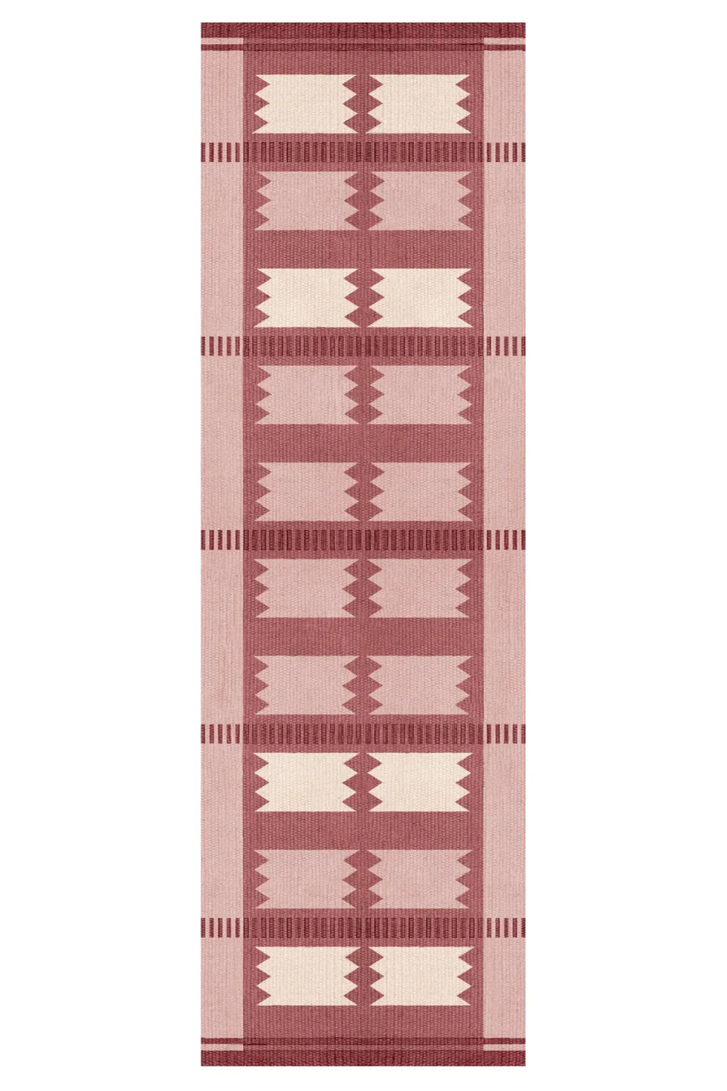Layered Iris Wool Rug - Raspberry, a long rectangular wool area rug featuring a geometric pattern in shades of raspberry, blush pink, and cream with zigzag and striped accents. Perfect for adding w...
