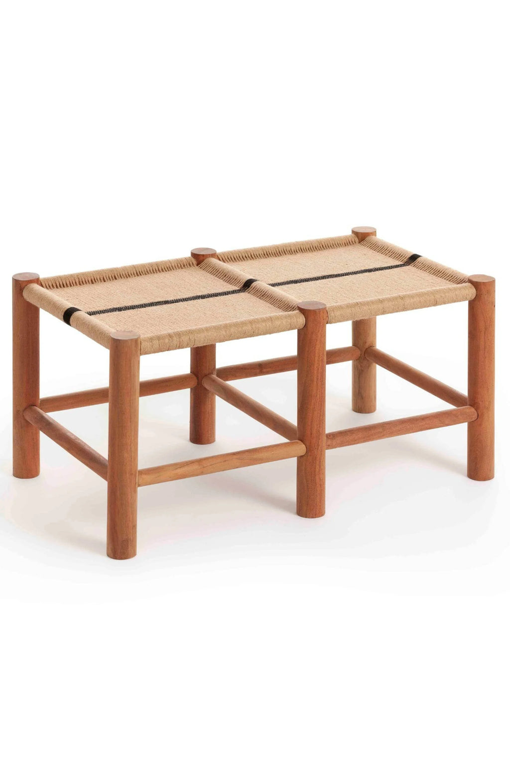 GAN Rugs Roots 01 Bench, a minimalist organic modern bench crafted from a warm-toned solid wood frame with rounded legs and stretchers, featuring a hand-woven natural jute fiber seat in a light beige hue. The textured woven top is accented with a striking black stripe, offering a rustic yet sophisticated aesthetic. Perfect as a Scandinavian entryway bench, bedroom accent, or stylish seating for a contemporary living room.