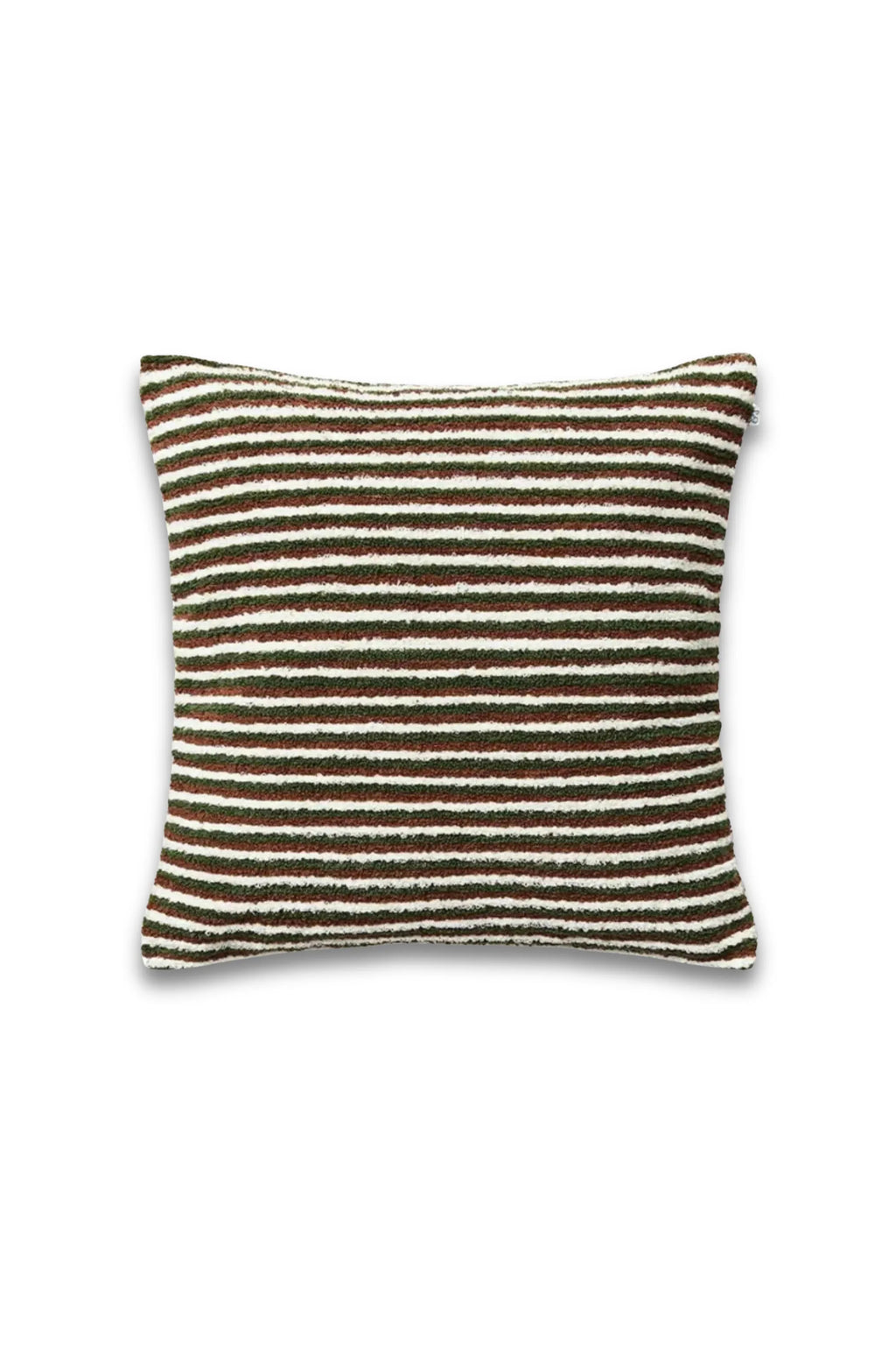 Chhatwal & Jonsson Raipur Boucle Throw Pillow, a rectangular cushion featuring a textured boucle knit in alternating thin stripes of rich brown and creamy white, displayed on a clean white background.