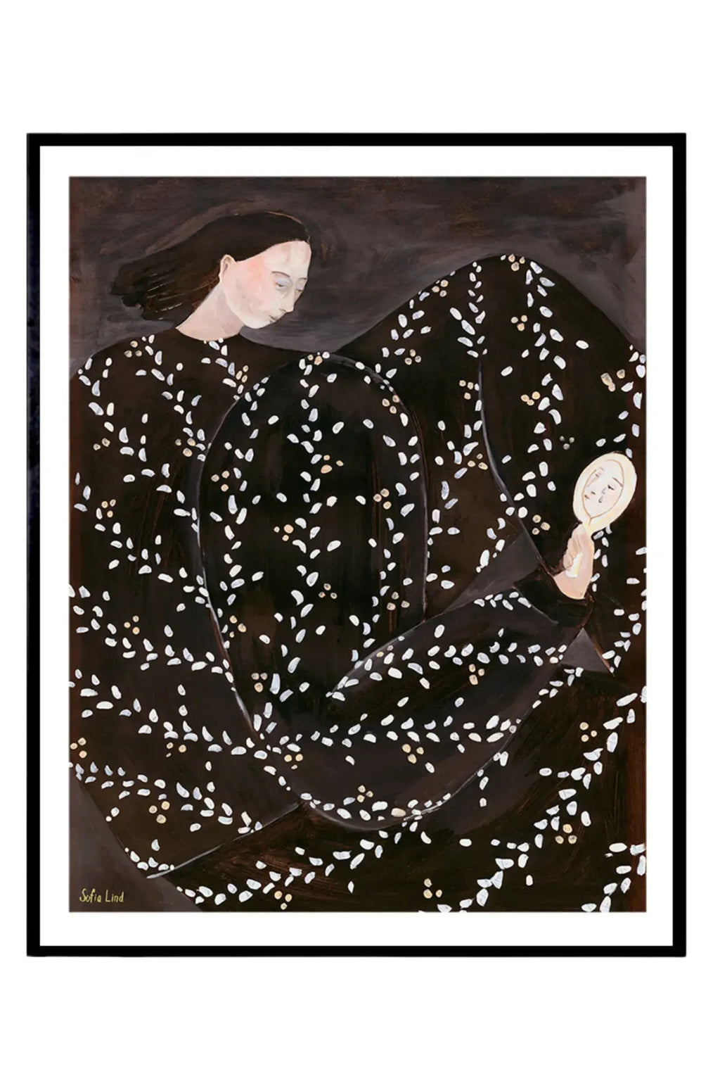 The Poster Club Mirror Mirror, a contemporary abstract figurative art print by artist Sofia Lind, features a serene figure with dark hair and pale skin, dressed in a flowing black gown adorned with scattered white and subtle gold leaf-like brushstrokes, holding a small oval mirror. This minimalist Nordic art print, presented in a sleek black frame with a white mat, is perfect for adding contemplative modern wall art to Scandinavian living rooms or stylish bedroom decor.