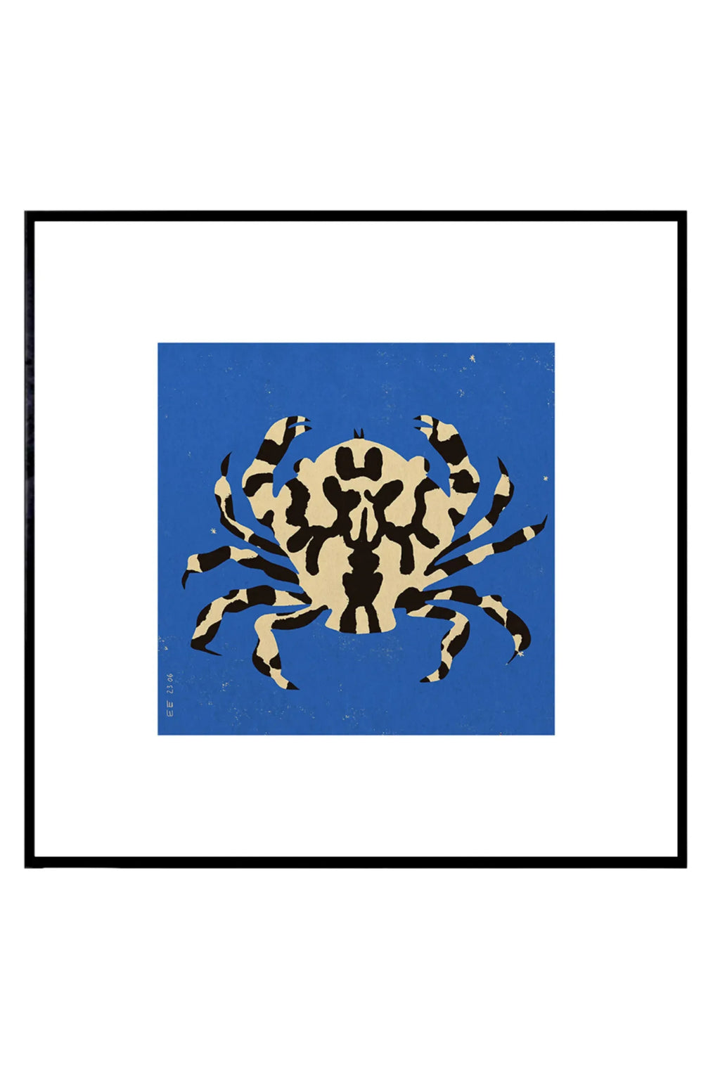 The Poster Club Calico Crab, an abstract graphic art print featuring a striking black and off-white crab illustration on a textured royal blue background, presented in a sleek black frame with a crisp white mat. This modern coastal wall art is ideal for contemporary living rooms, beach house decor, or adding a unique graphic touch to a gallery wall.