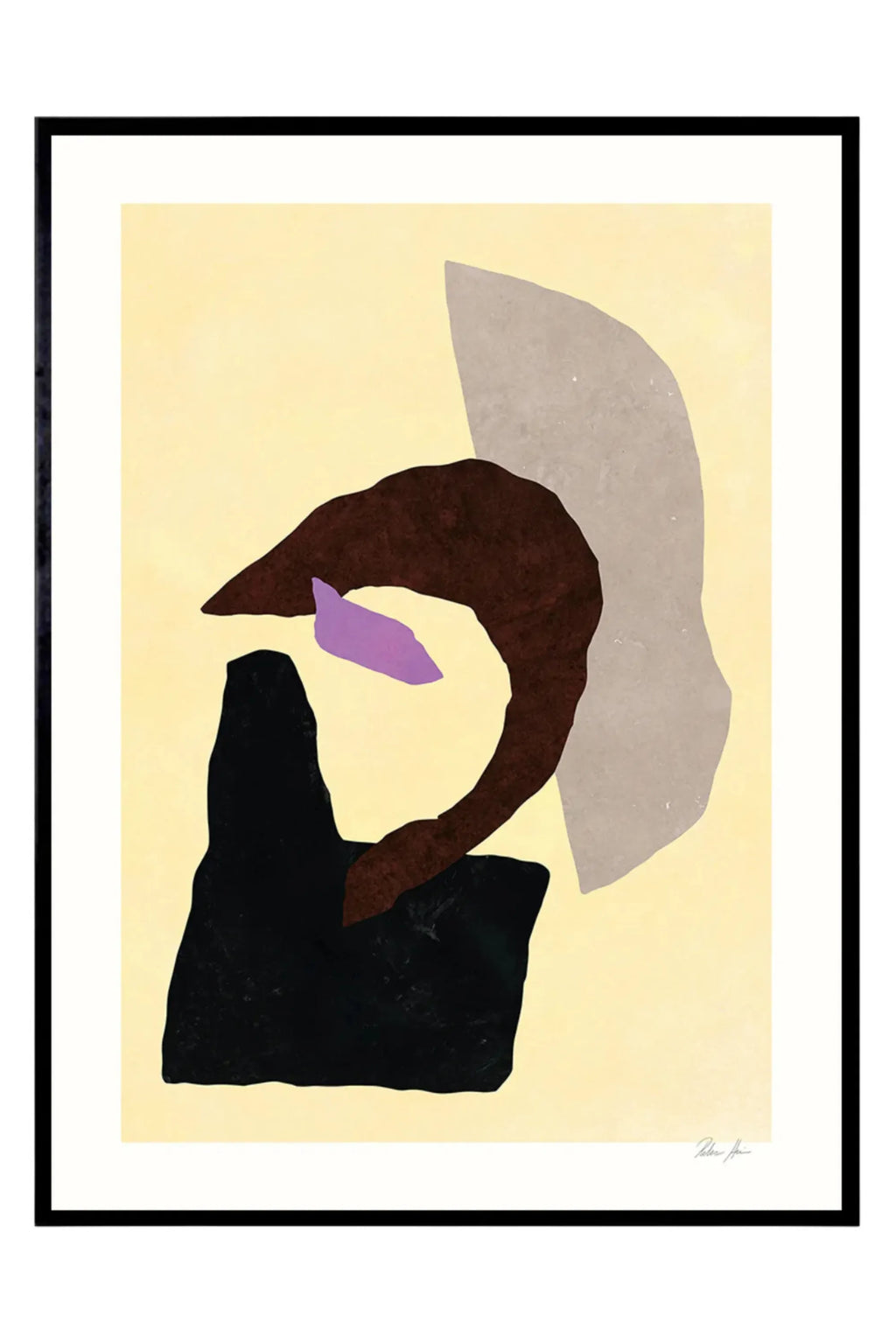 The Poster Club Blind Eye no. 03, a contemporary abstract art print featuring organic biomorphic shapes in dark brown, black, light grey, and a subtle touch of purple, set against a textured light yellow background. This modern framed art poster comes with a crisp white mat and a sleek matte black metal frame. Perfect as minimalist wall art for contemporary living rooms, bedrooms, or gallery wall decor.