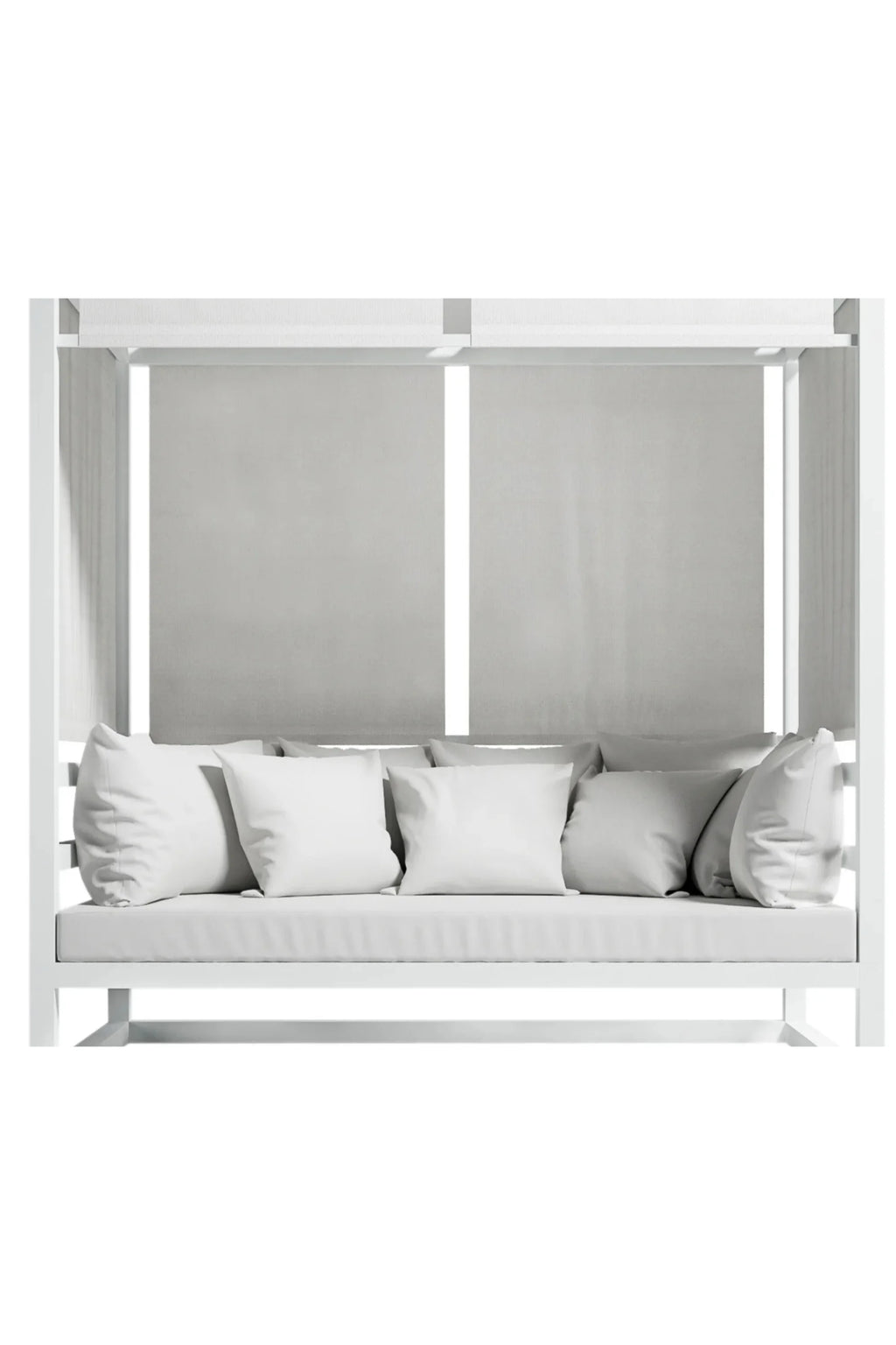 Gandia Blasco Tres Al Fresco Outdoor Sofa, a modern minimalist outdoor daybed featuring a pristine white powder-coated aluminum frame and plush light grey fabric cushions. This luxury patio sofa includes integrated light grey fabric panels for a sleek, contemporary canopy design. Perfect for a sophisticated pool area, garden, or resort-style outdoor lounge.