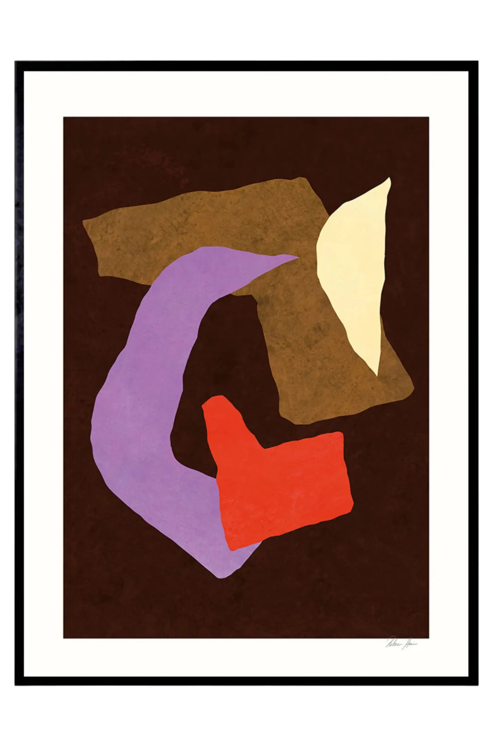 The Poster Club Blind Eye no. 04, a contemporary abstract art print featuring bold, organic, irregular shapes in mustard yellow, lavender, and red-orange against a deep dark brown background, framed with a crisp white mat and sleek black frame. Perfect for modern gallery walls, minimalist living rooms, or adding a pop of color to a home office.