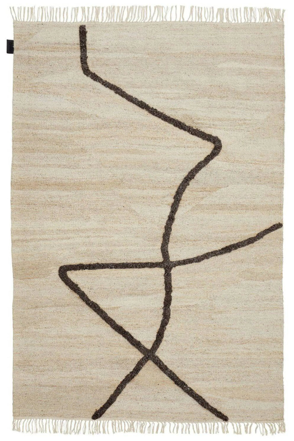 Sera Helsinki Vuoristo Rug, a premium hand-knotted wool area rug featuring a bold, abstract design with raised dark brown textured lines against a natural undyed cream and light beige flatweave.