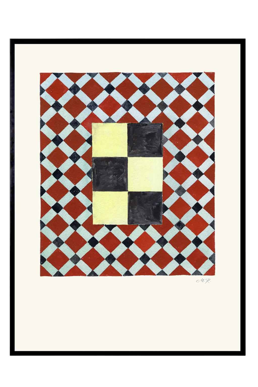 The Poster Club Tern No. 7, a vibrant abstract geometric art print featuring a bold red, light blue, and black diamond pattern surrounding a central black and pale yellow checkerboard motif, presented with a white mat and sleek black frame. This contemporary folk art-inspired wall art is perfect for adding a graphic accent to modern living rooms, bedrooms, or gallery walls.