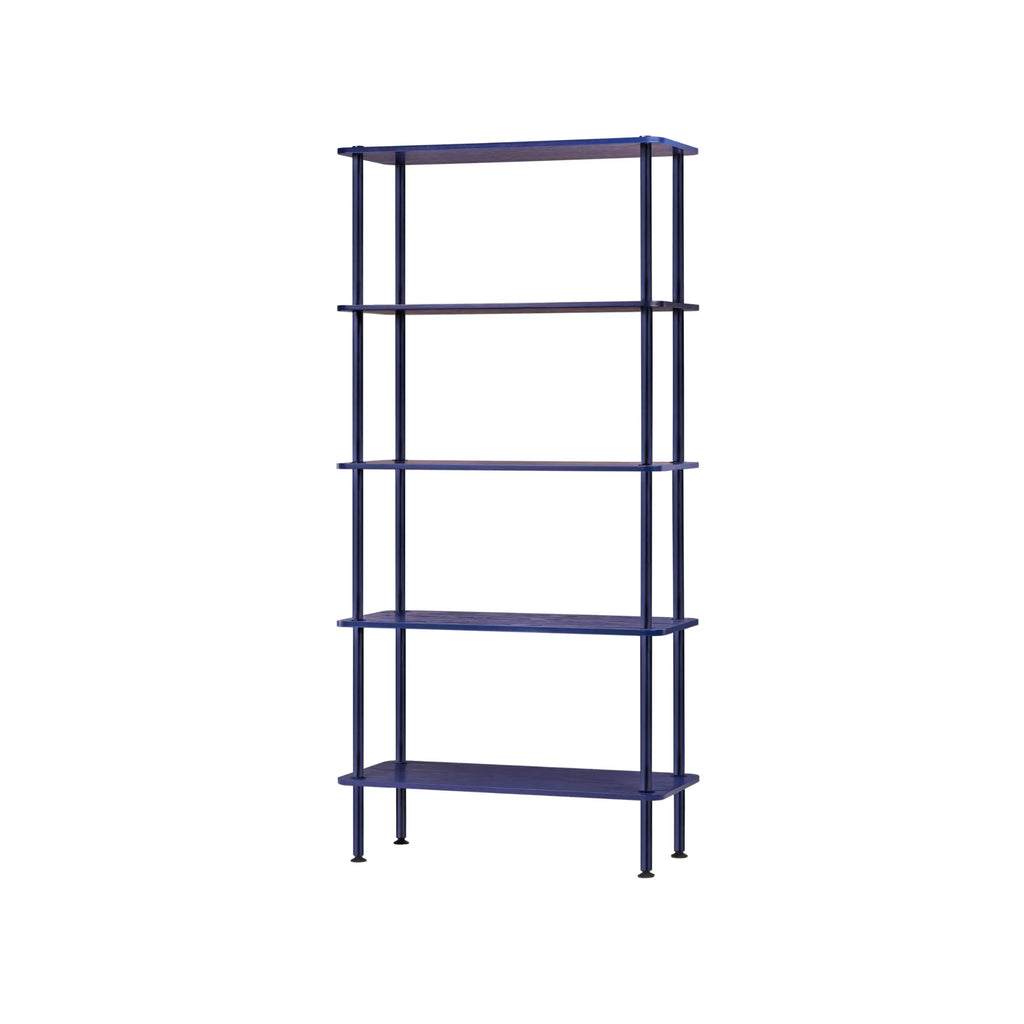 noo.ma Teidi Shelving Unit 5-tier, a tall, narrow modern minimalist bookshelf featuring five rectangular shelves and a sleek frame, all finished in a uniform matte deep blue.