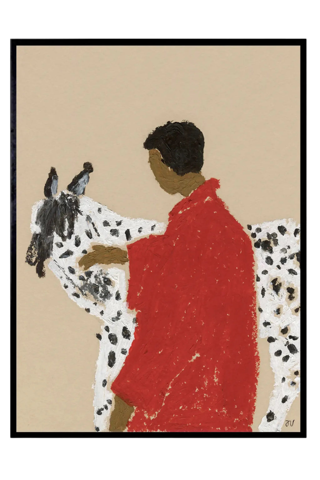 The Poster Club Spotted Horse, a modern abstract art print featuring a figure in a vibrant red robe beside a white horse with black spots, set against a warm beige background with a painterly, textured finish. This contemporary figurative art print, framed in sleek black, is perfect for adding a touch of expressionist style to living rooms, bedrooms, or gallery walls.
