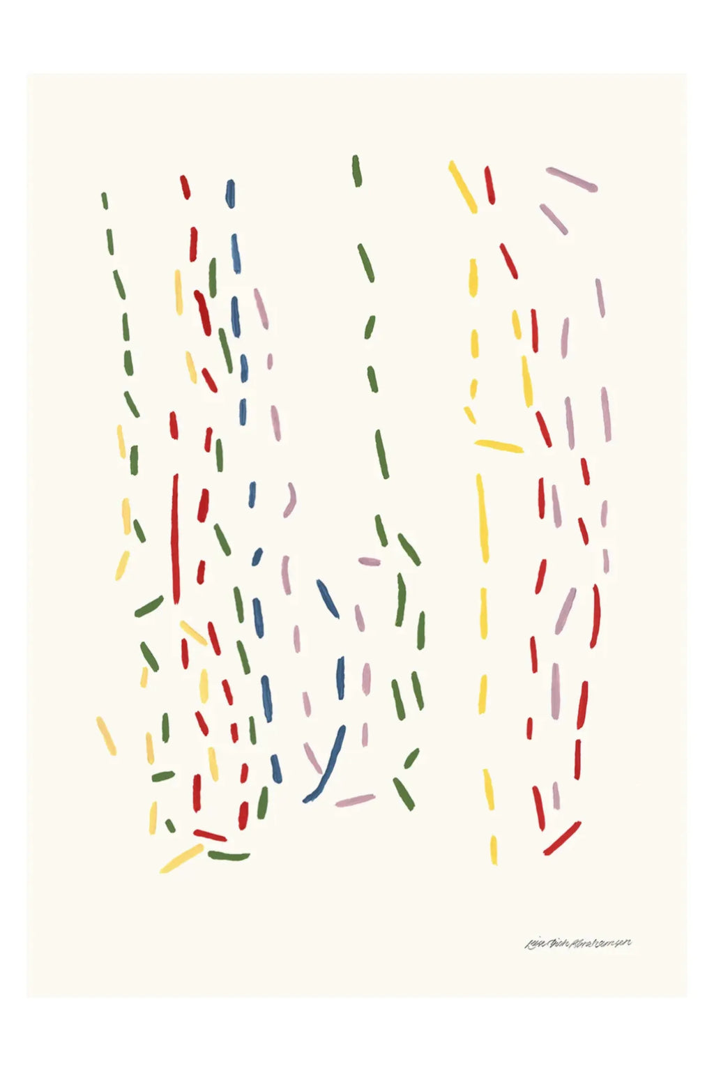 The Poster Club 1 – 2 – Many Art Print, featuring abstract colorful dashed lines in red, blue, green, yellow, and purple on a cream background.