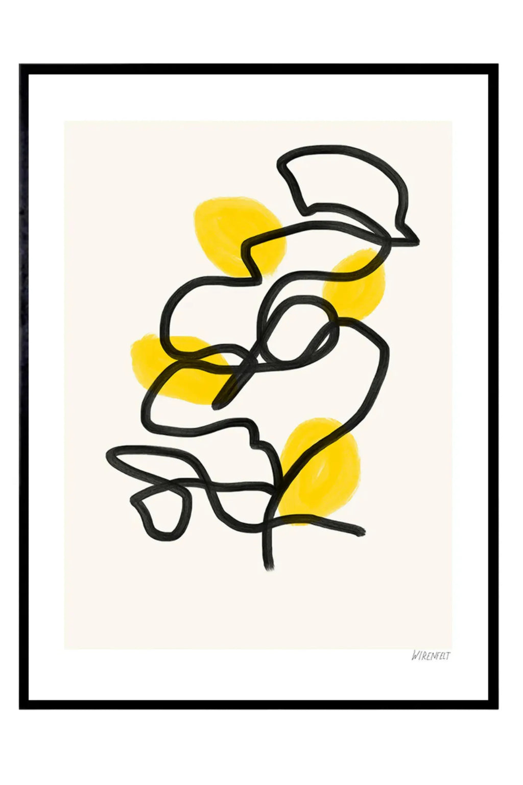 The Poster Club Lemons, a modern abstract art print showcasing bold black organic lines intricately woven with soft, textured yellow brushstroke shapes against a warm off-white background, presented in a sleek black frame with a clean white mat. This contemporary wall art is ideal for adding a minimalist design and a vibrant pop of color to modern living rooms, bedrooms, or a curated gallery wall.