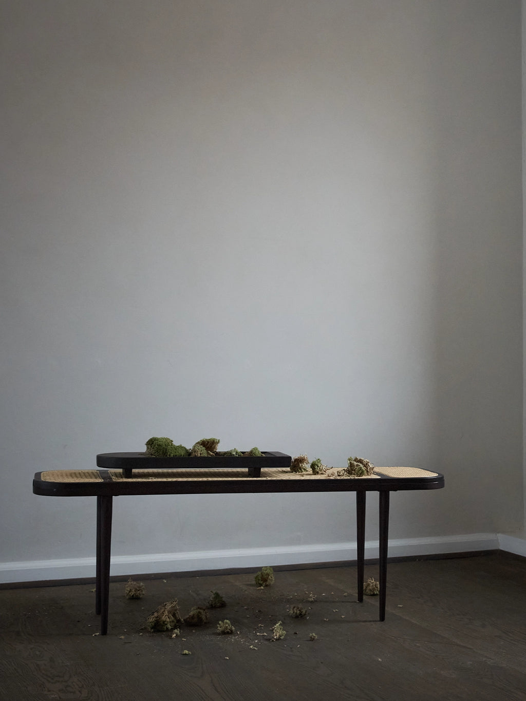 101 CPH Geta Tray, a minimalist black rectangular wood tray with a raised edge, displayed on a rattan-top bench with scattered moss, creating a unique aesthetic. Ideal for decorative display.