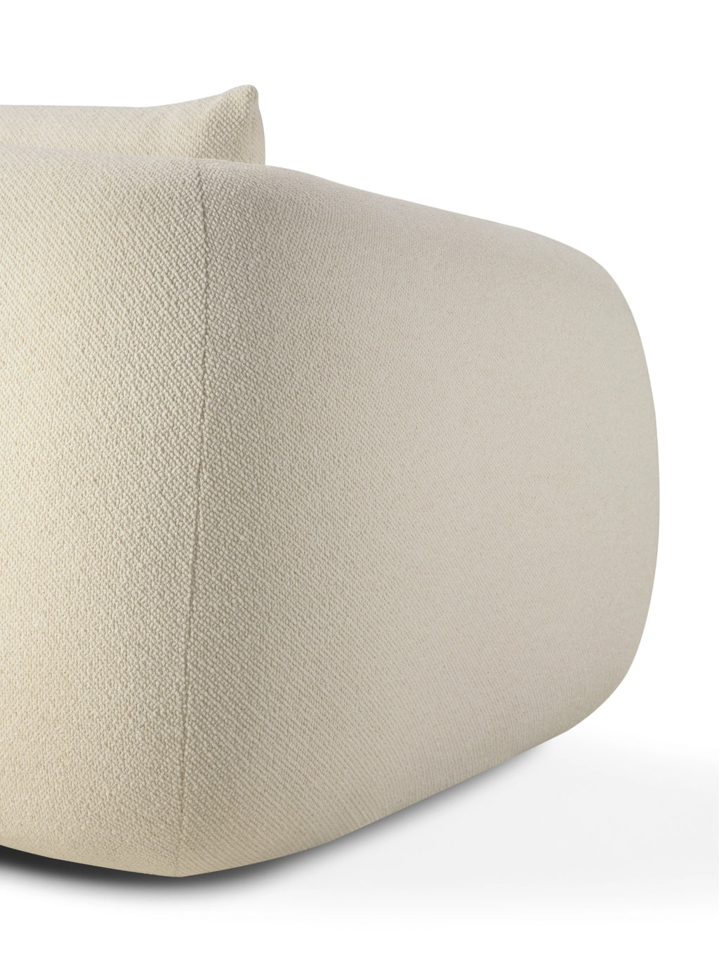 Ethnicraft Figur Sofa, a plush cream-colored sofa upholstered in a richly textured woven fabric, featuring a soft, organic modern design with a gently curved profile and rounded edges. This contemporary minimalist sofa is ideal for creating a cozy, inviting atmosphere in a Japandi living room or Scandinavian-inspired space.