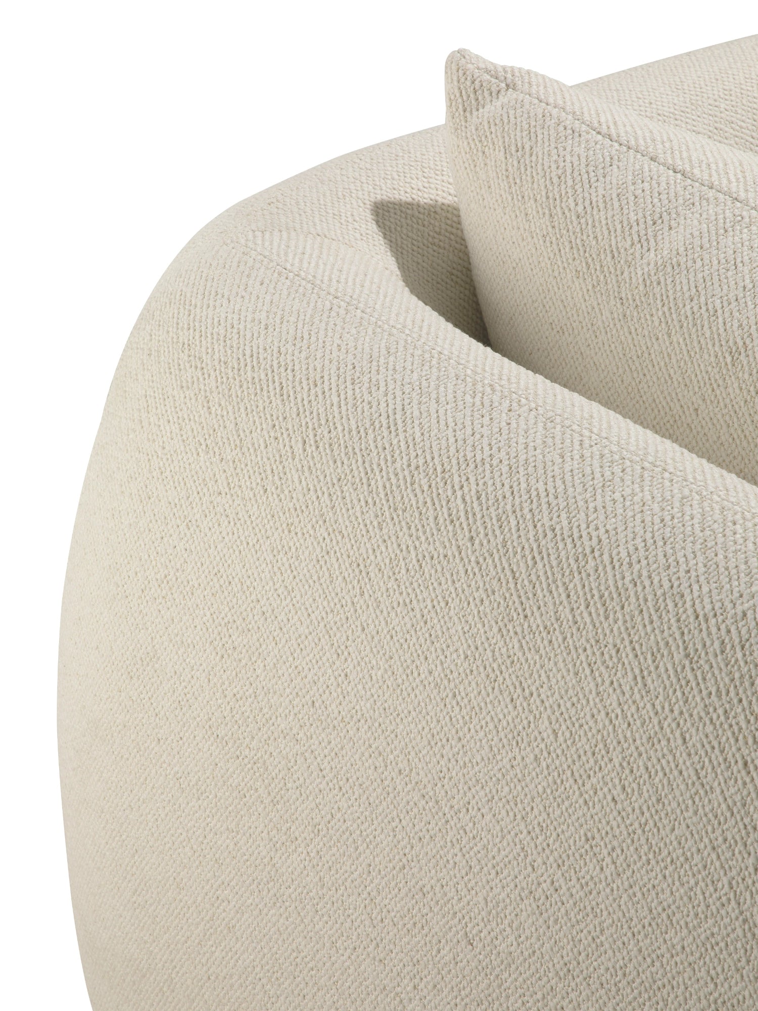 Ethnicraft Figur Sofa, a contemporary curved sofa upholstered in a rich, textured cream bouclé fabric, featuring an inviting organic silhouette and plush, rounded form. This sculptural off-white sofa is perfect for creating a cozy yet modern minimalist focal point in a living room or sophisticated lounge area.