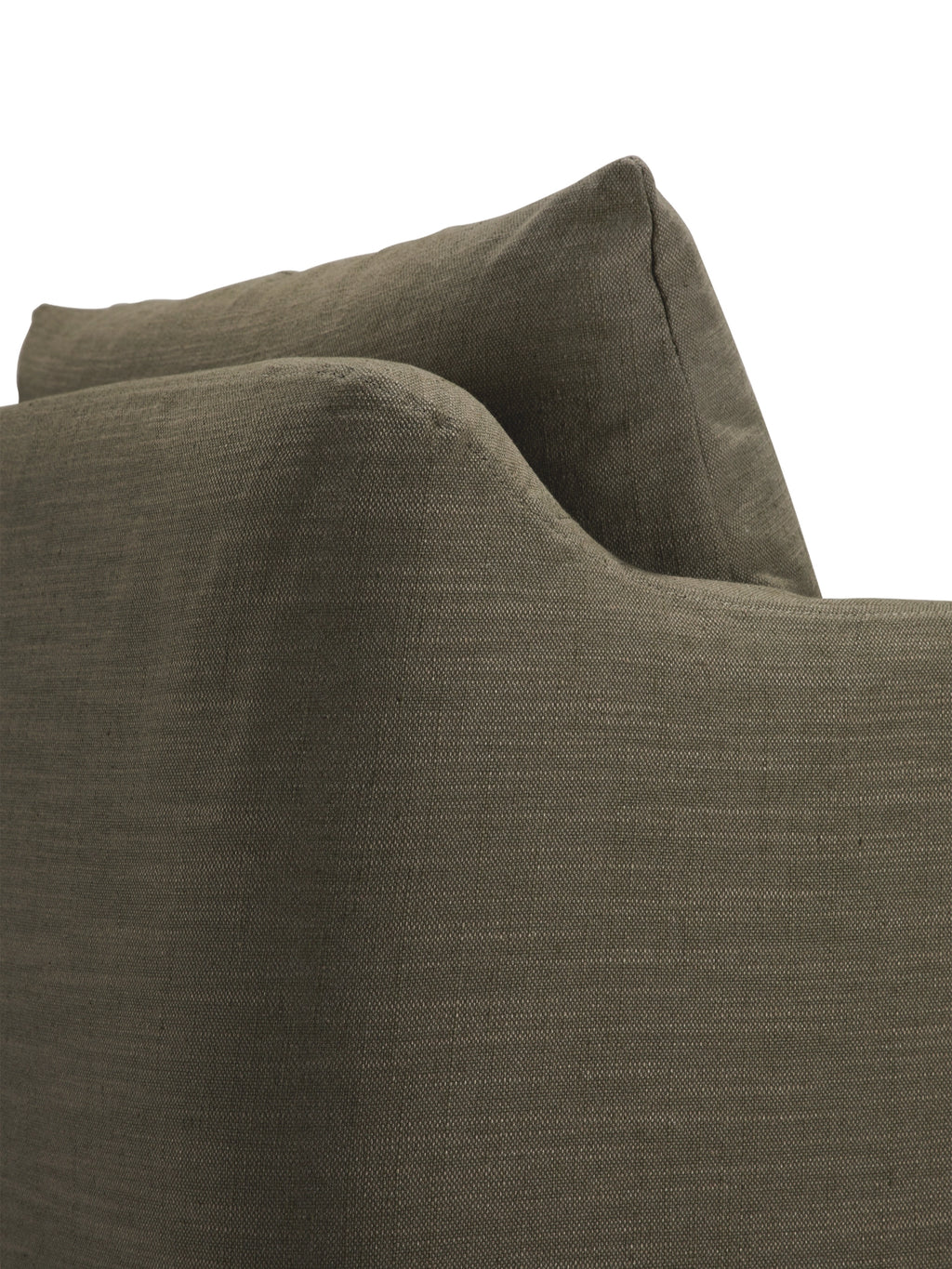 Ethnicraft Weave Lounge Chair, an organic modern lounge chair upholstered in a rich olive green textured linen-blend fabric, featuring soft, inviting curves and plush cushions for ultimate comfort. This contemporary accent chair is perfect for adding a natural, sophisticated touch to living rooms or cozy reading nooks.