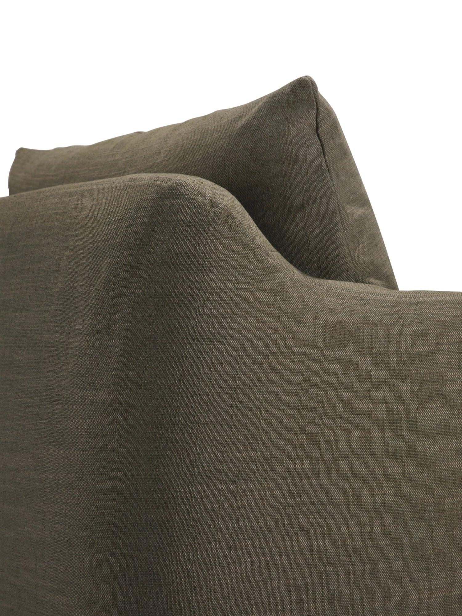 Ethnicraft Weave Lounge Chair, an organic modern lounge chair upholstered in a rich olive green textured linen-blend fabric, featuring soft, inviting curves and plush cushions for ultimate comfort. This contemporary accent chair is perfect for adding a natural, sophisticated touch to living rooms or cozy reading nooks.