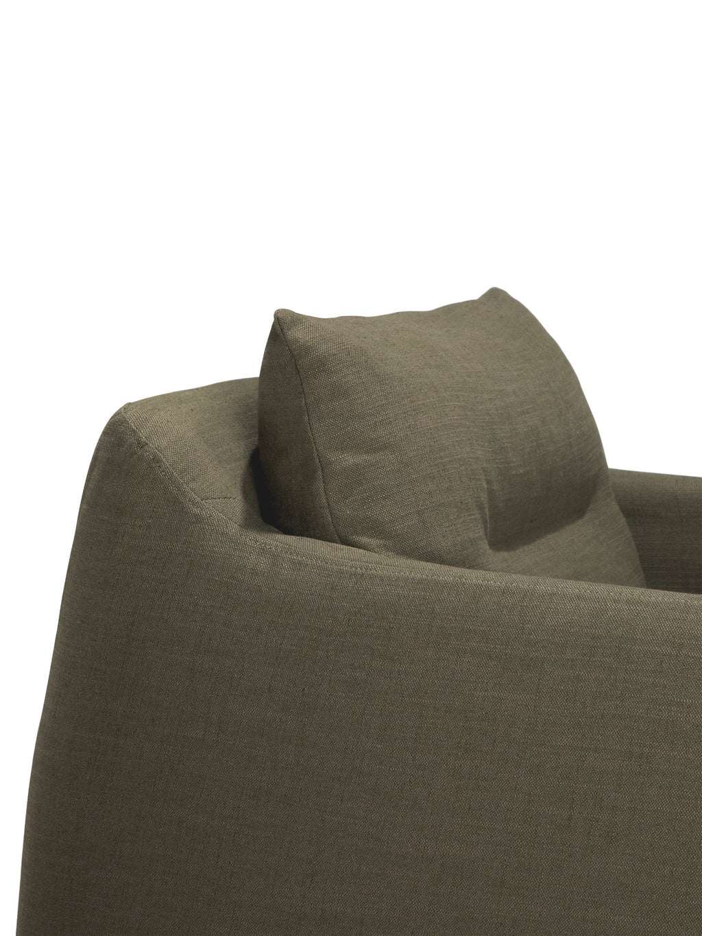 Ethnicraft Weave Lounge Chair, a contemporary organic modern lounge chair upholstered in a rich dark olive green textured fabric with a visible woven pattern. It features a plush, inviting silhouette with a gently curved backrest and a soft, supportive back cushion, designed for ultimate comfort. Perfect as a stylish reading chair for living rooms, a cozy bedroom accent, or a comfortable addition to modern minimalist and natural-inspired interiors.