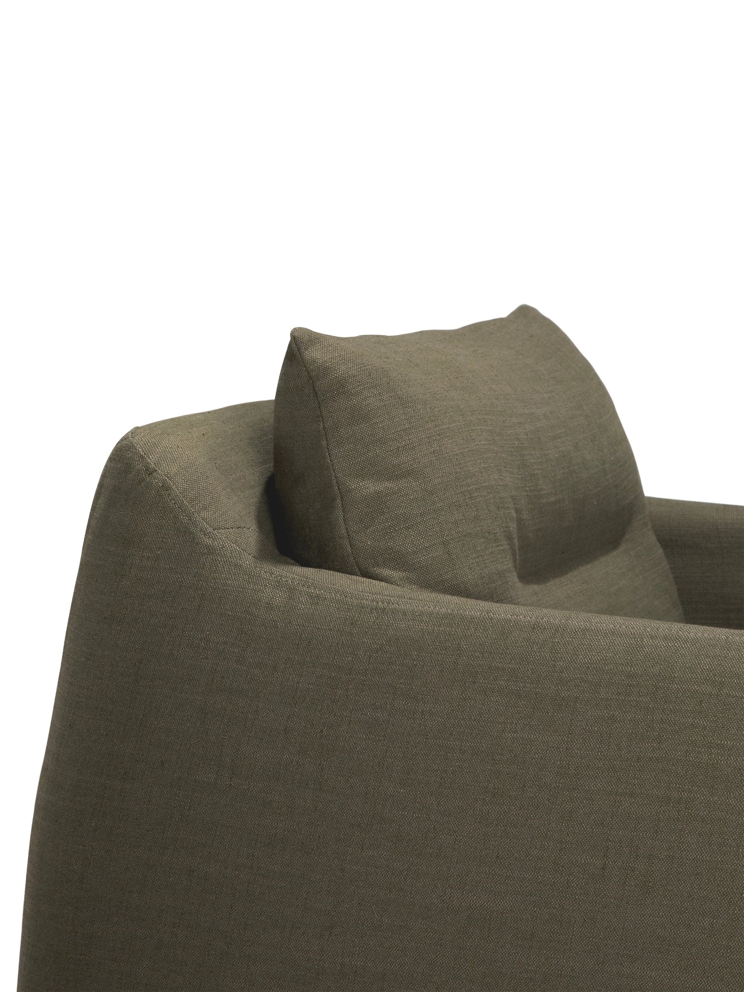 Ethnicraft Weave Lounge Chair, a contemporary organic modern lounge chair upholstered in a rich dark olive green textured fabric with a visible woven pattern. It features a plush, inviting silhouette with a gently curved backrest and a soft, supportive back cushion, designed for ultimate comfort. Perfect as a stylish reading chair for living rooms, a cozy bedroom accent, or a comfortable addition to modern minimalist and natural-inspired interiors.