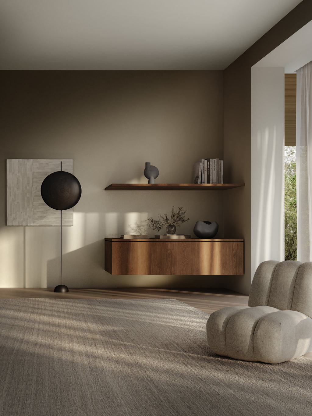 101 CPH Totem Floor Lamp with a dark wood, circular, bowl-like shade on a slim black metal stand, styled in a luxurious modern living room. Ideal for sophisticated ambient lighting.