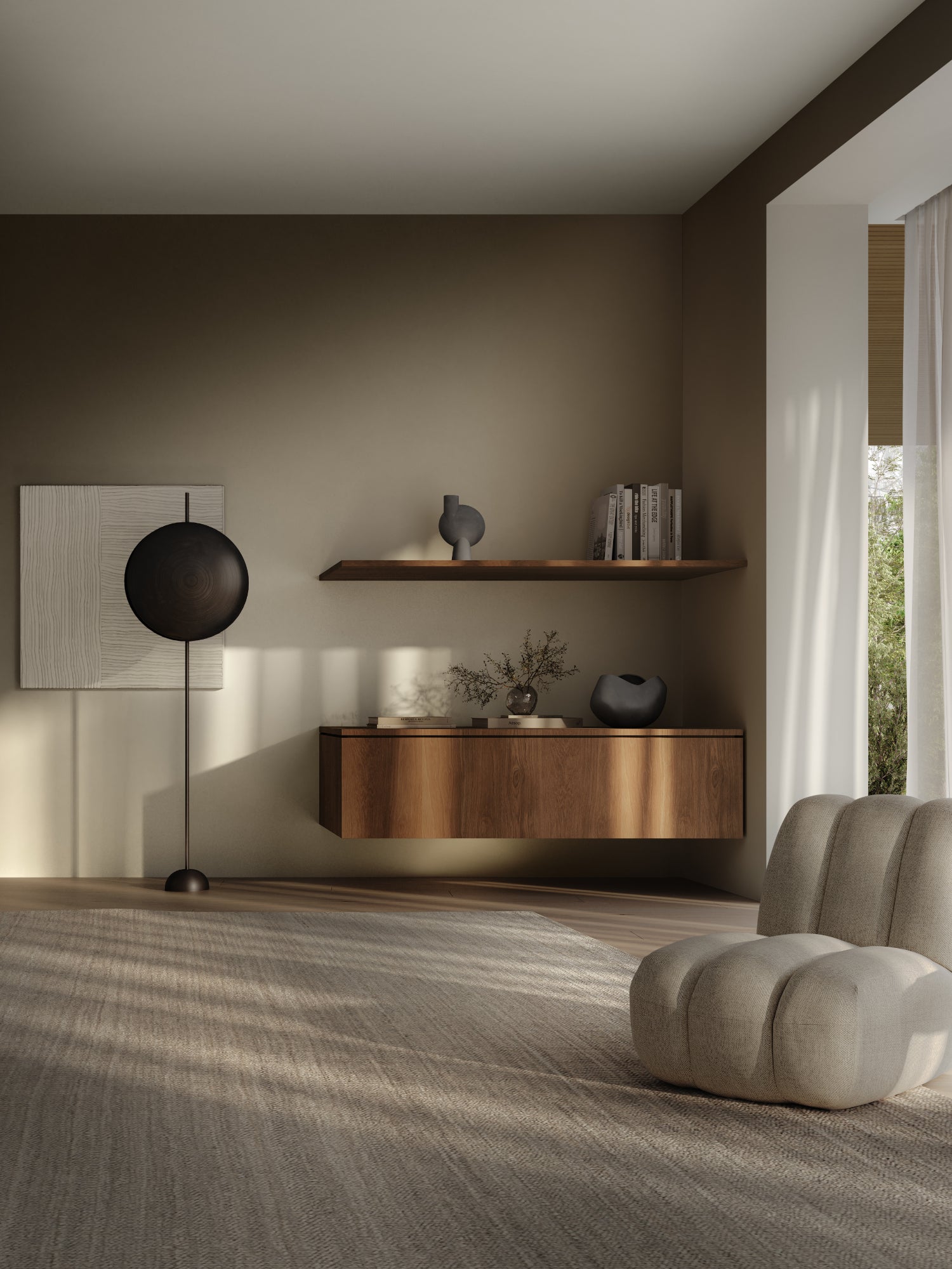 101 CPH Totem Floor Lamp with a dark wood, circular, bowl-like shade on a slim black metal stand, styled in a luxurious modern living room. Ideal for sophisticated ambient lighting.