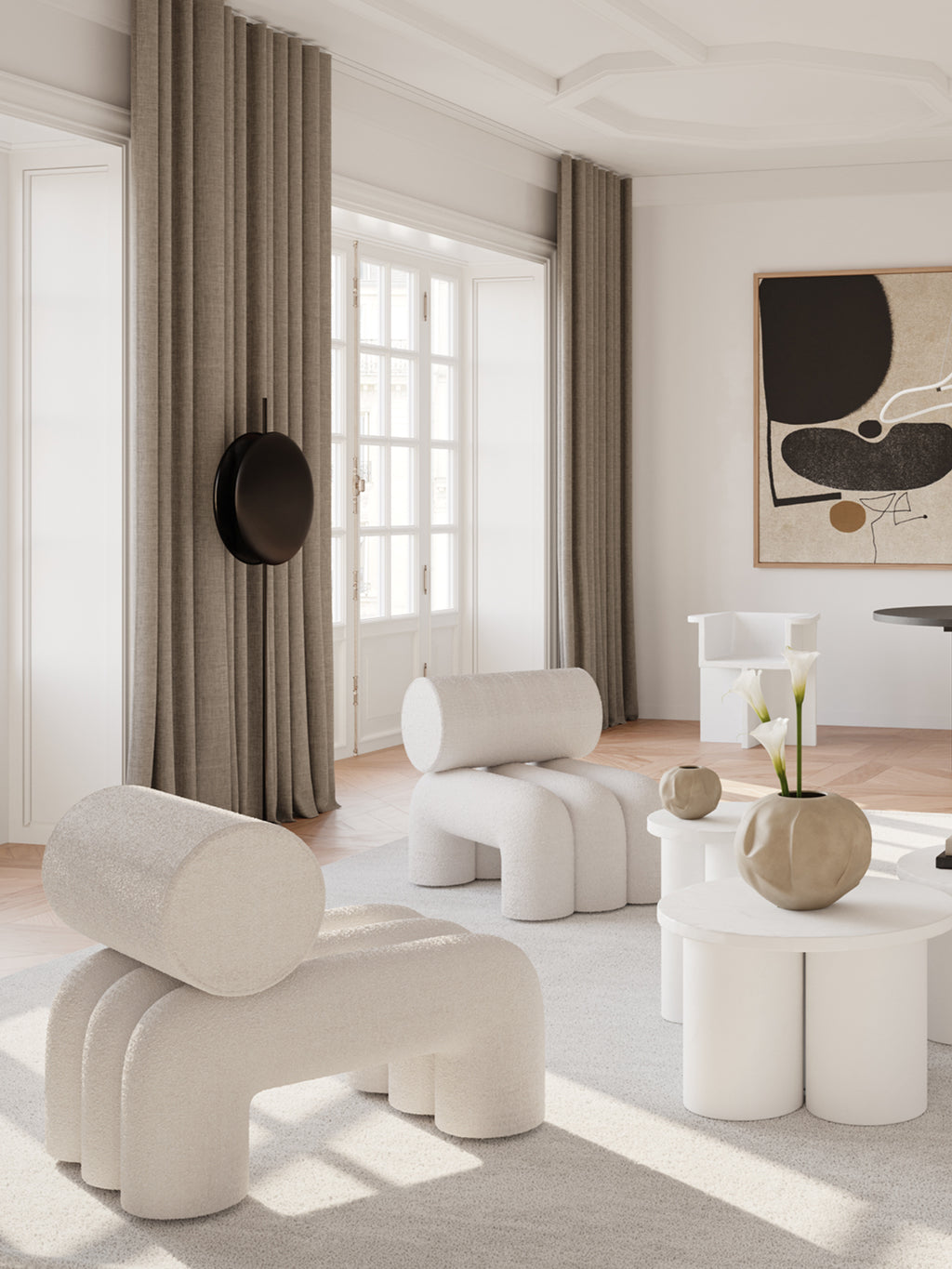 101 CPH Totem Floor Lamp: A modern black spherical lamp with a slim stand, mounted on a taupe curtain in a bright, contemporary living room setting. This designer accent lighting offers a sophisticated touch.