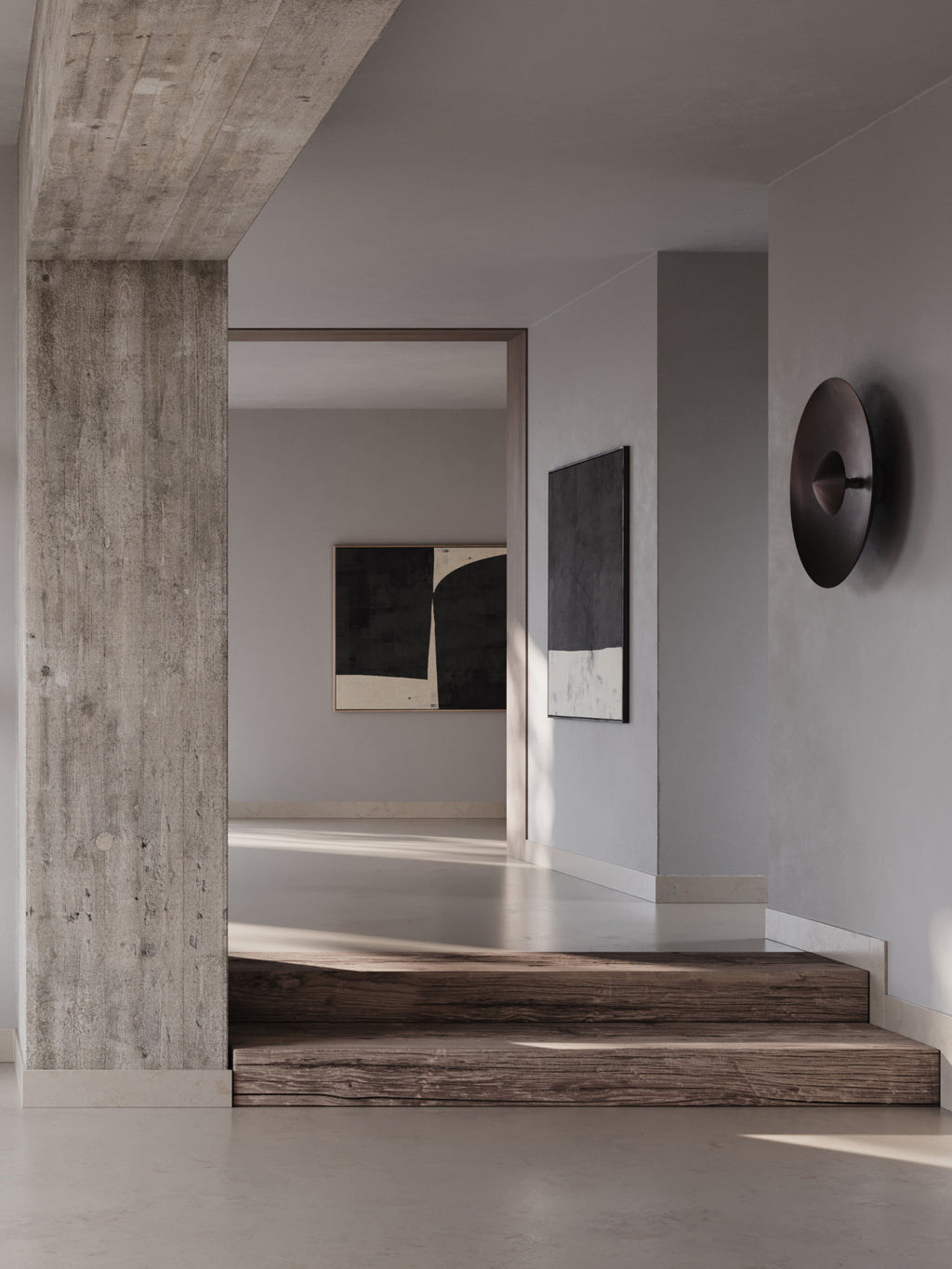 101 CPH Dusk Wall Lamp, a sleek black metal disc with a central dome, mounted on a light gray minimalist wall in a modern entryway with concrete and timber accents. Perfect for ambient architectural lighting.