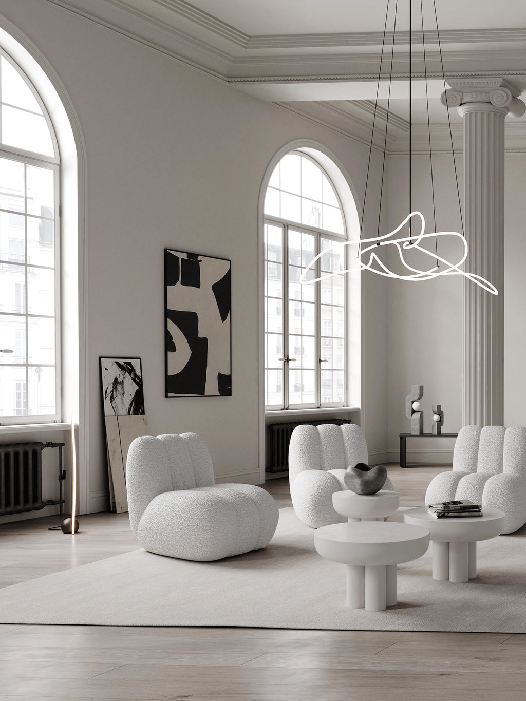 101 CPH Bow Floor Lamp, a sleek, minimalist golden brown rod with a black circular base, standing vertically in a luxurious, bright living room. Ideal for modern ambient lighting.