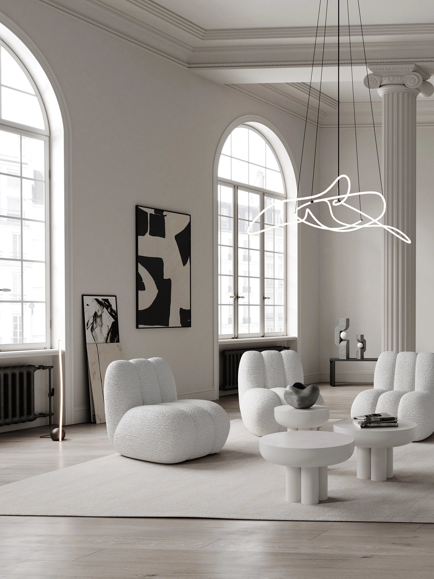 101 CPH Bow Floor Lamp, a sleek, minimalist golden brown rod with a black circular base, standing vertically in a luxurious, bright living room. Ideal for modern ambient lighting.