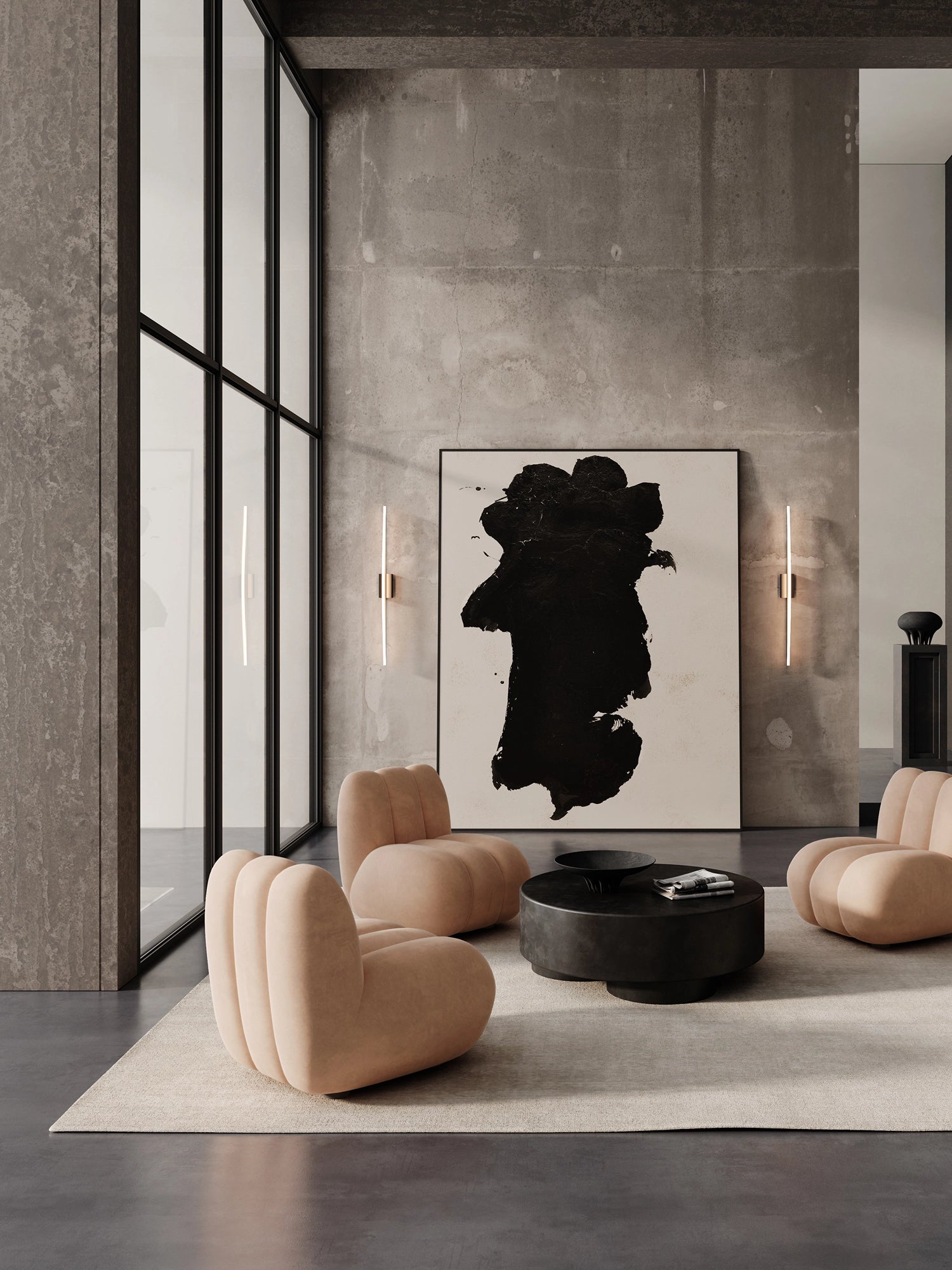 101 CPH Bow Wall Lamp in a lifestyle setting, showcasing its golden brass finish and sleek white linear light, mounted on a gray concrete wall. These luxury sconces offer elegant ambient lighting.