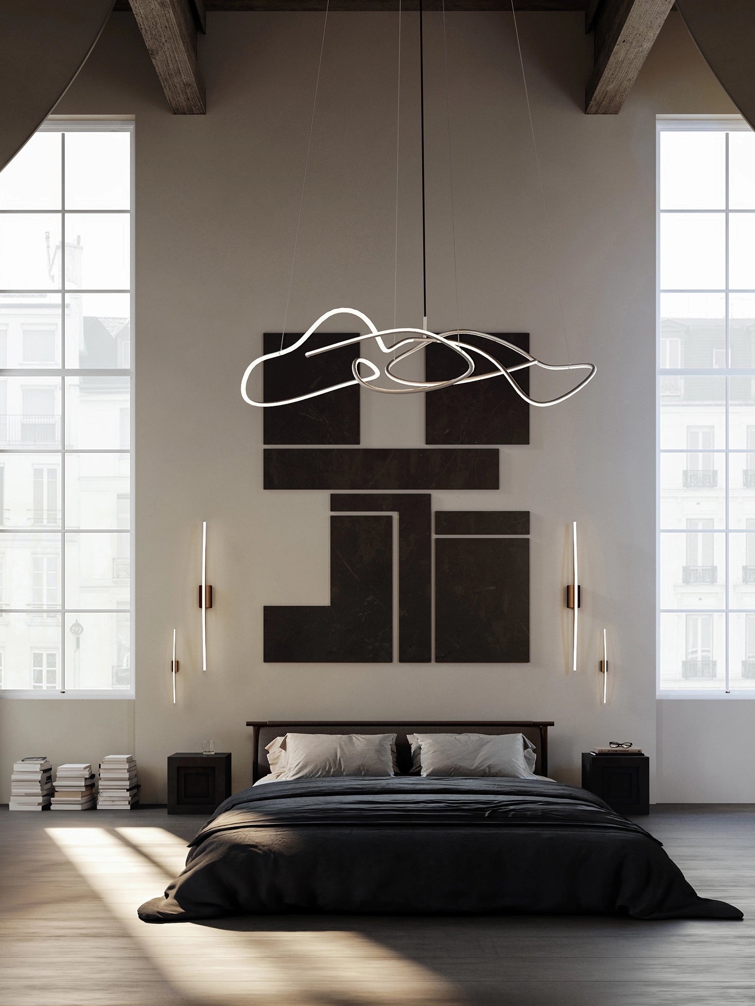 101 CPH Bow Wall Lamp, showcasing two elegant, minimalist vertical white LED strips mounted on dark wood bases, flanking a bed in a luxury bedroom setting. Ideal for sophisticated interior accent lighting.
