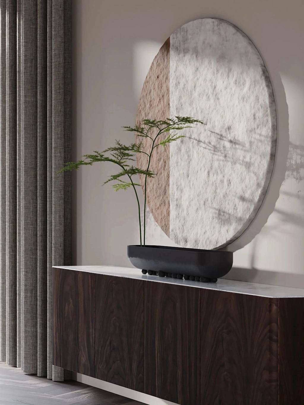 101 CPH Shinju Tray: Black ceramic oblong modern tray with decorative sphere feet, holding lush green foliage, styled on a dark wood cabinet with a marble top. A premium decor piece.