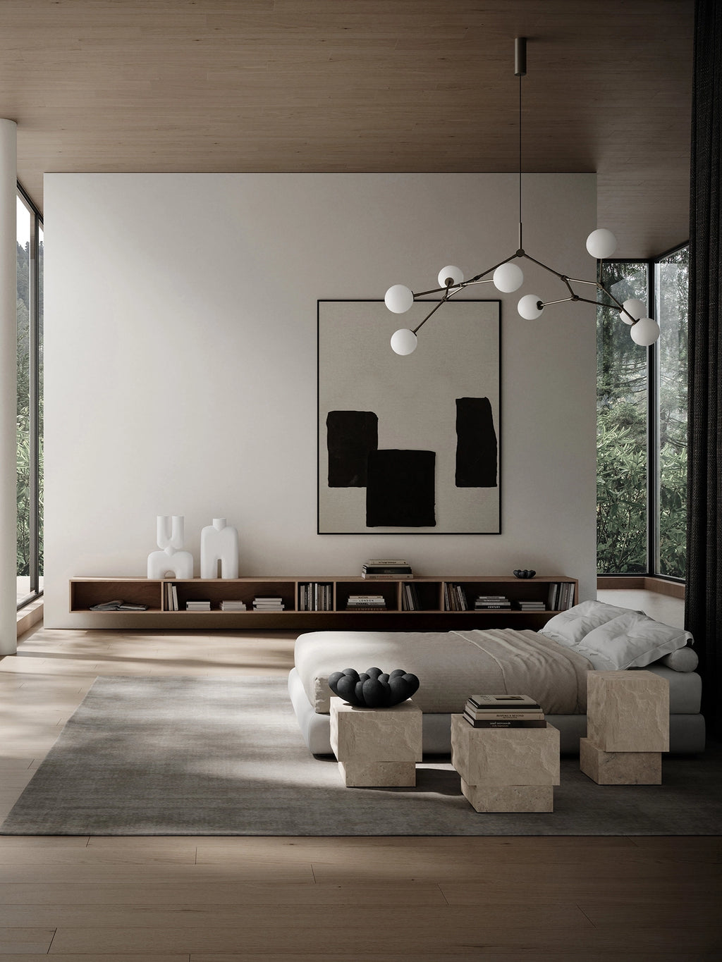 101 CPH Temple Side Table: A pair of luxury natural stone side tables with stacked cube designs in a light beige/tan finish, nestled beside a bed in a modern bedroom setting. Perfect for contemporary interiors.