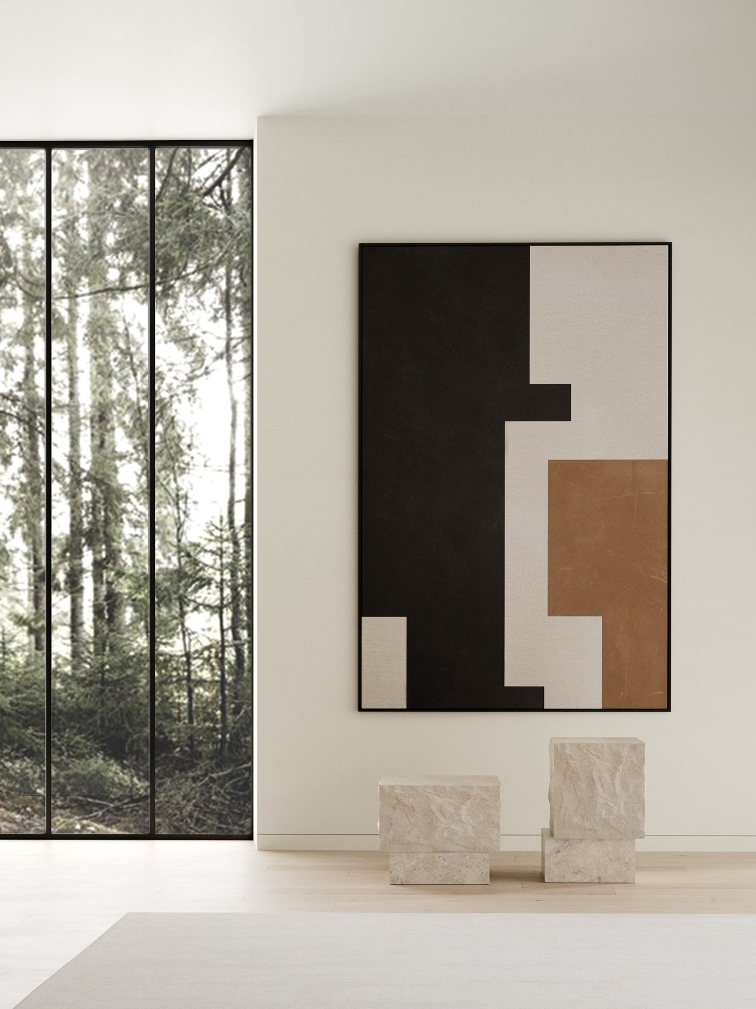 101 CPH Temple Coffee Table, a pair of textured beige and light brown stone cube-shaped side tables, presented in a minimalist room with a window view of evergreen trees. A luxury accent for modern interiors.
