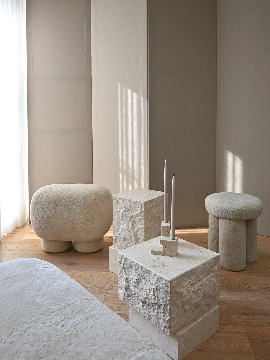 101 CPH Temple Side Table with a textured, raw-cut cream travertine finish, presented as a stacked cuboid in a minimalist lifestyle setting. This premium, authentic artisan side table elevates any sophisticated interior.
