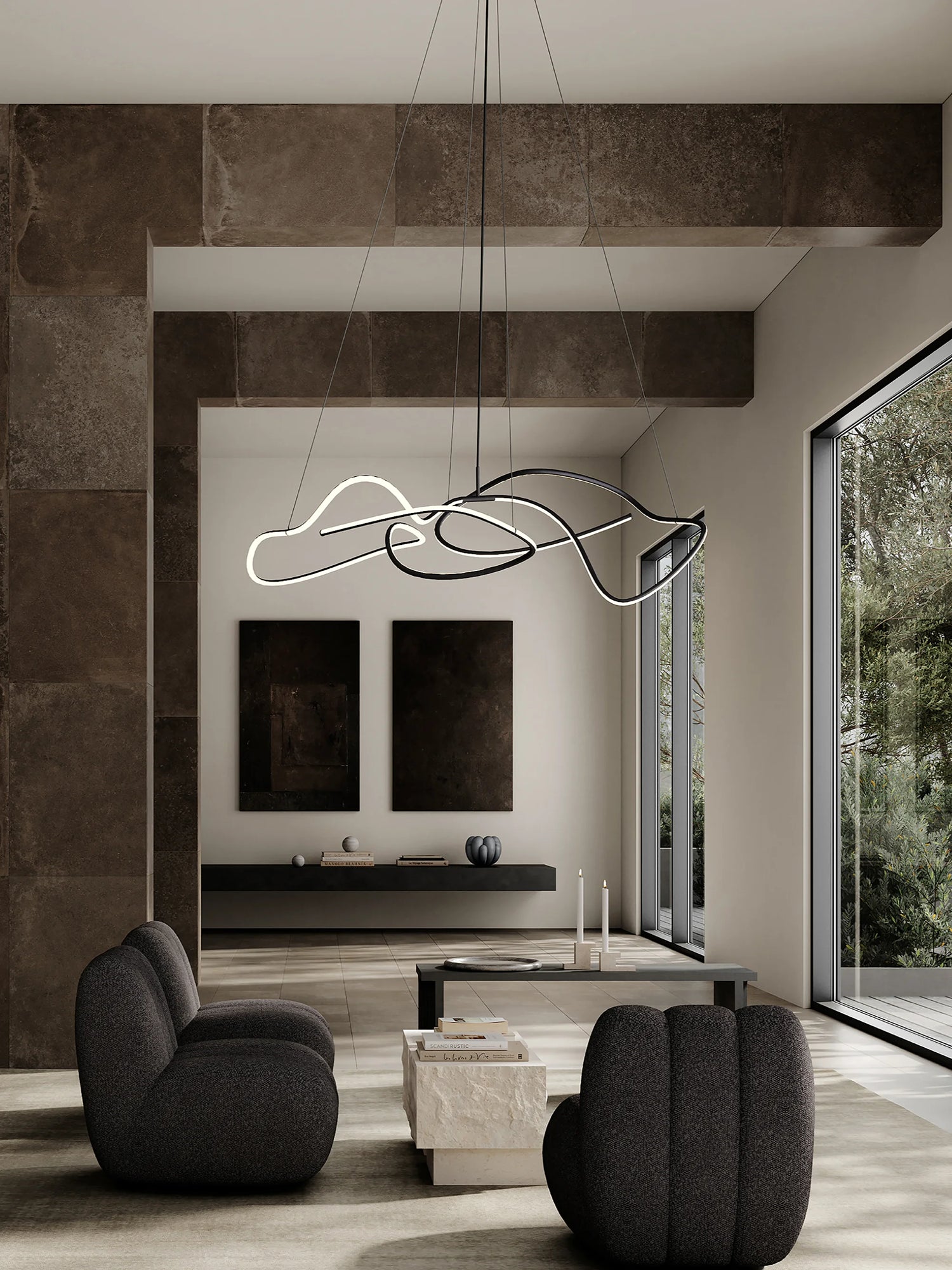 101 CPH Temple Coffee Table, a textured off-white natural stone piece with a rectangular top and solid base, styled in a minimalist luxury living room. A premium, authentic design statement.