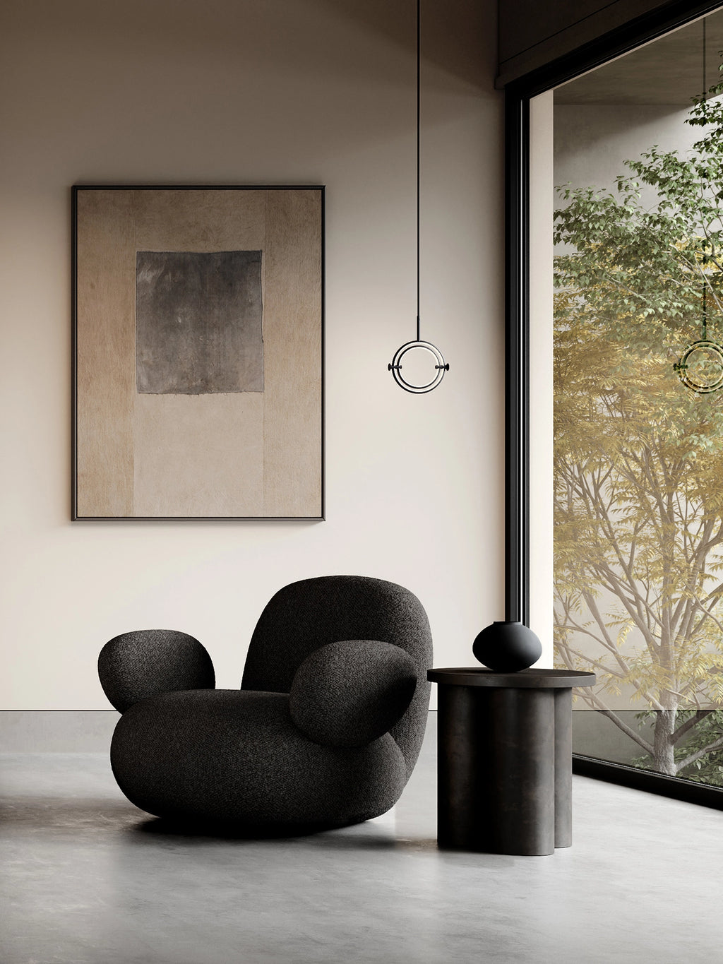 101 CPH Big Foot Table: Dark, textured black wood round side table with three thick, sculptural legs in a modern interior. The premium design offers functional elegance for any living space.
