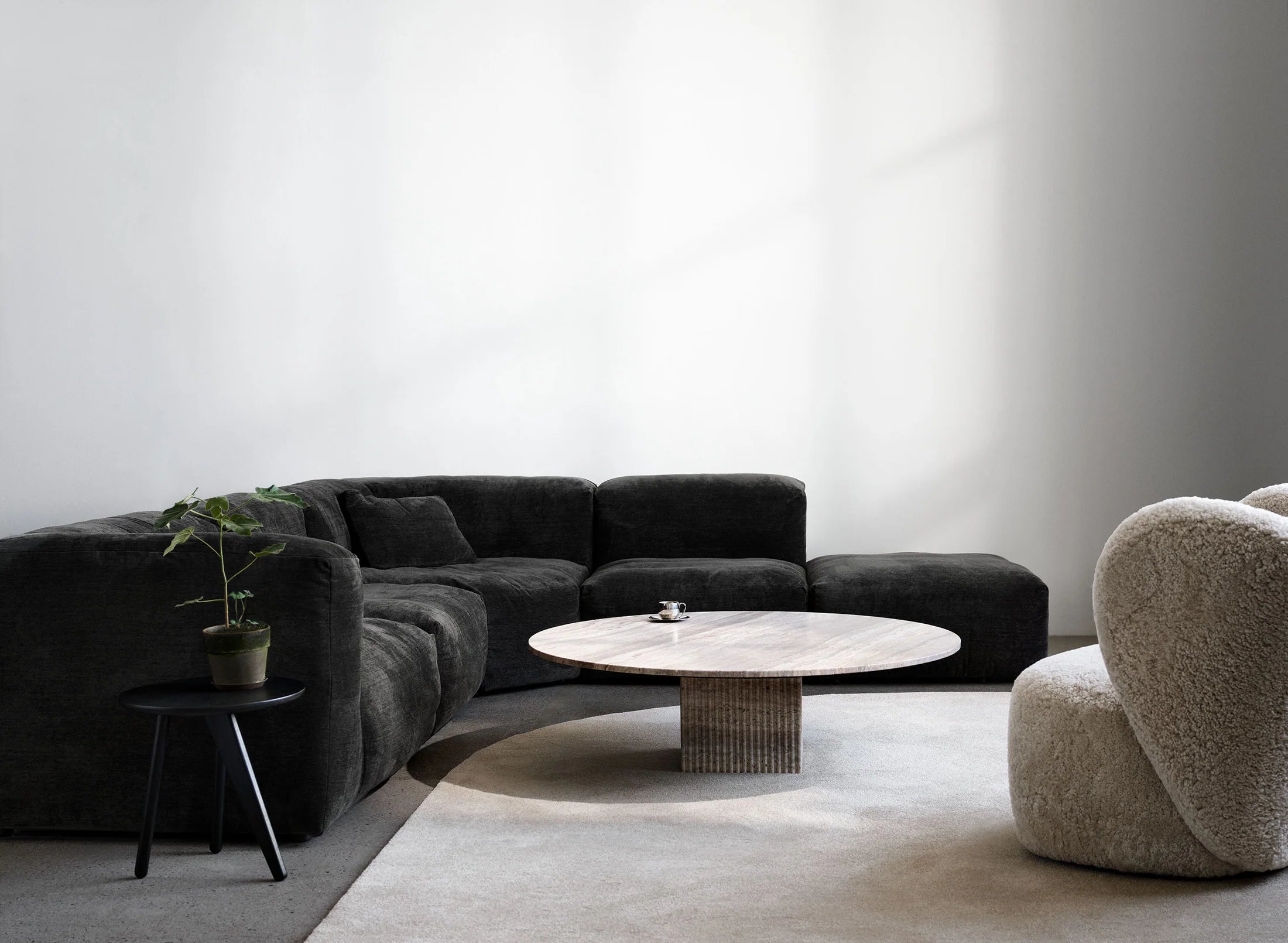 Modern living room with a dark gray sectional sofa, round wooden coffee table, and a plant.