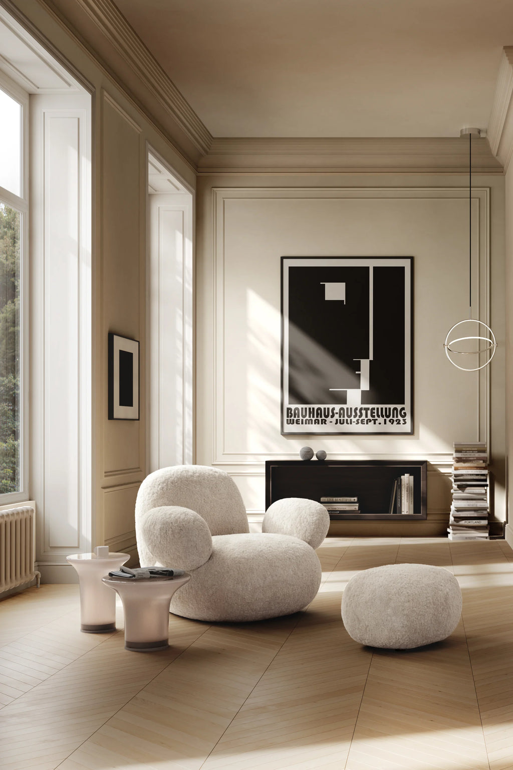 101 CPH Trumpet Coffee Table Set - Glass. Two elegant, translucent pink glass trumpet-shaped tables with subtle grey bases, styled beside a cozy cream bouclé armchair & ottoman in a modern living room. A luxurious and functional accent for any contemporary space.