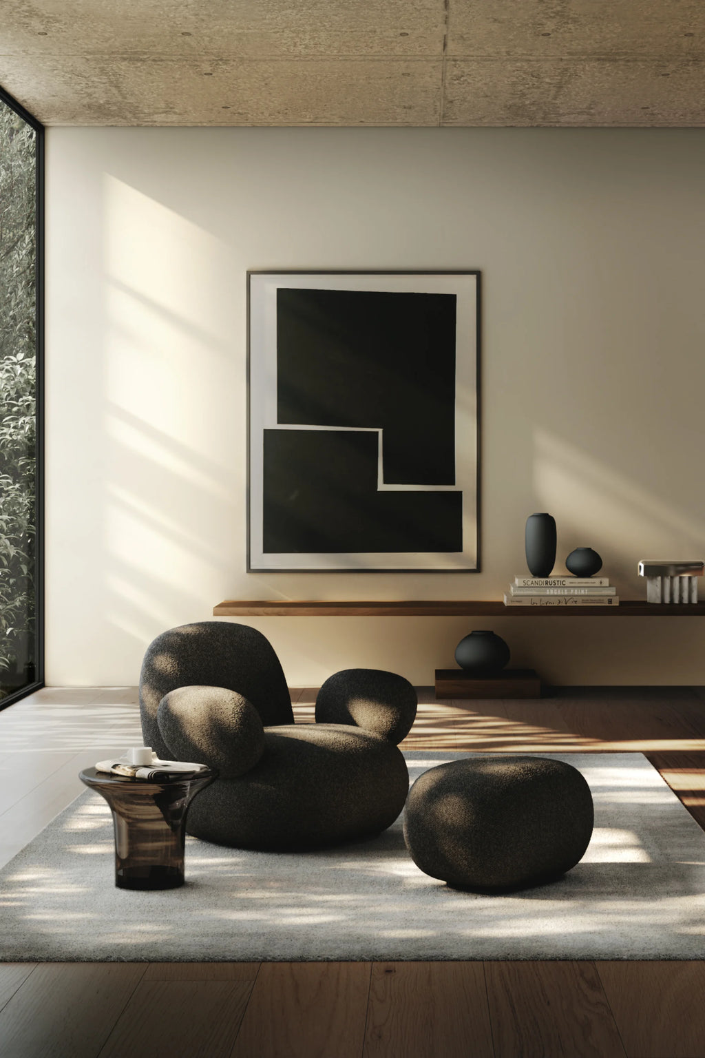 101 CPH Trumpet Coffee Table Set - Glass, a luxury dark amber smoked glass table with a trumpet-shaped base, styled next to a dark gray lounge chair and ottoman on a light gray rug. Perfect for a modern living space.