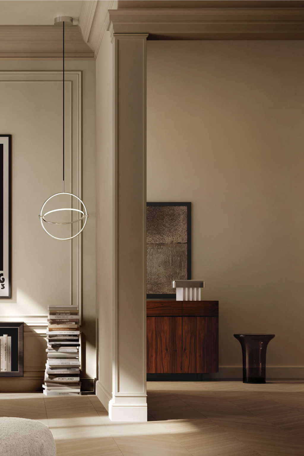 101 CPH Trumpet Coffee Table Set - Glass. A single gray smoked glass trumpet-shaped side table with a wide rim, standing on light wooden herringbone flooring in a modern living room. A luxurious and elegant accent for any contemporary space.