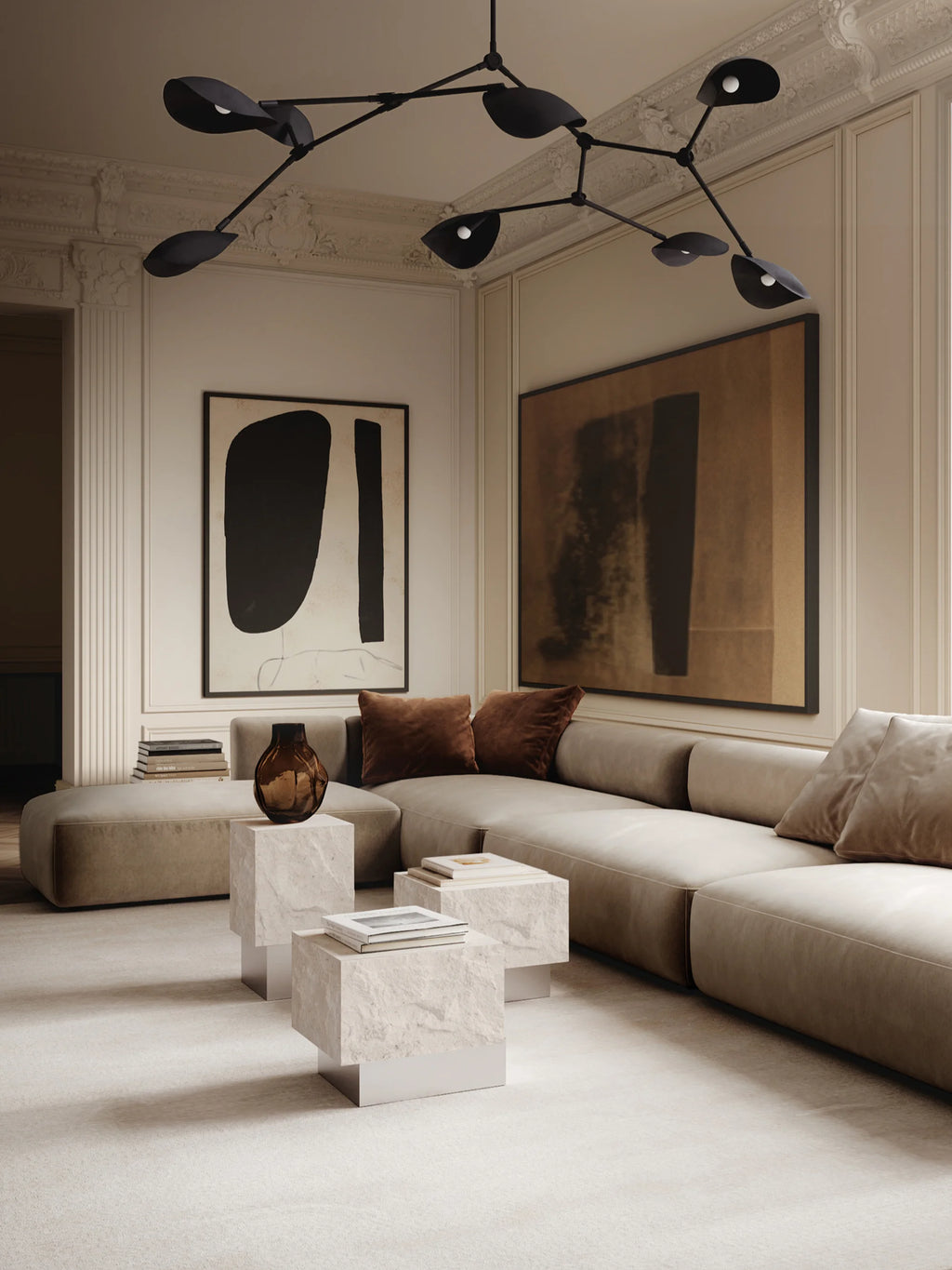 101 CPH Temple Coffee Table: Set of two luxurious, heavy off-white travertine cube tables with sleek metal bases, displayed in a modern living room setting. A statement piece for elegant interior design.