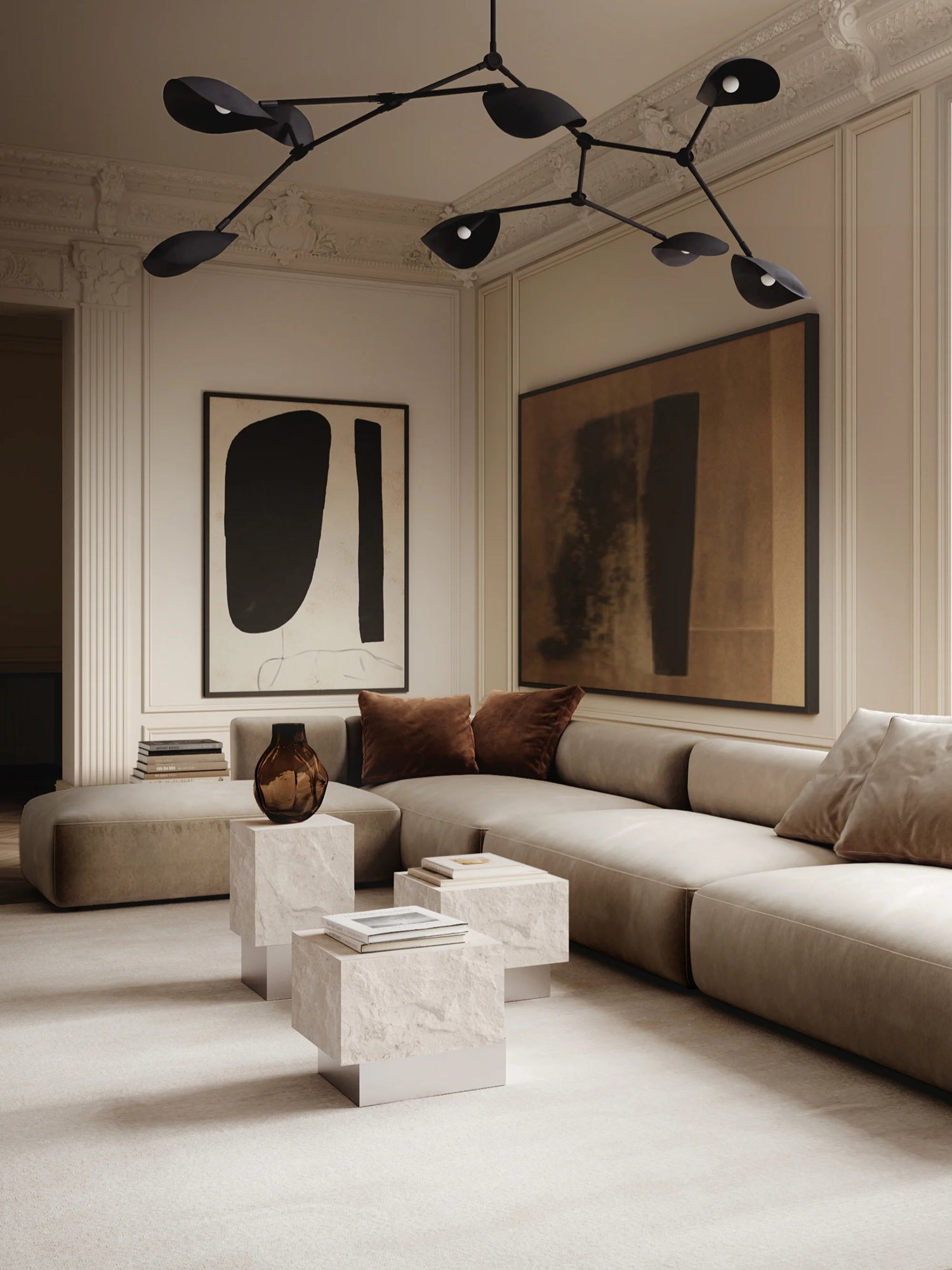 101 CPH Temple Coffee Table: Set of two luxurious, heavy off-white travertine cube tables with sleek metal bases, displayed in a modern living room setting. A statement piece for elegant interior design.