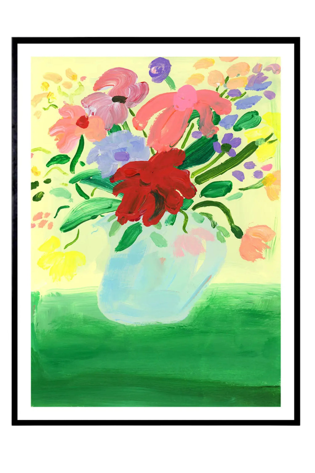 The Poster Club Flowers on Green Tablecloth, a vibrant abstract floral art print featuring bold, painterly brushstrokes of red, pink, purple, and yellow flowers in a light blue vase, set against a sunny yellow background and a rich green tablecloth. This colorful expressionist poster, framed with a crisp white mat and sleek black frame, is perfect as modern wall art for a contemporary living room, bedroom, or gallery wall.
