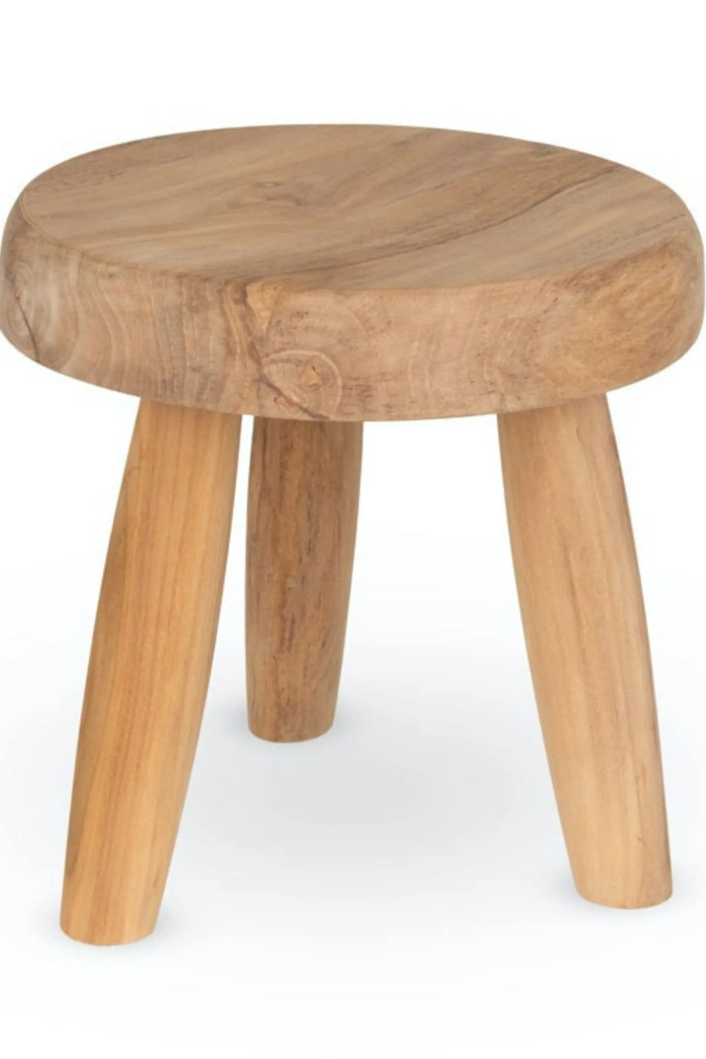Detjer Charles Stool M, featuring a round, thick seat and three sturdy tapered legs made from light brown natural wood with visible grain. This modern, handcrafted stool adds a minimalist and rustic touch to any contemporary living space or bedroom.