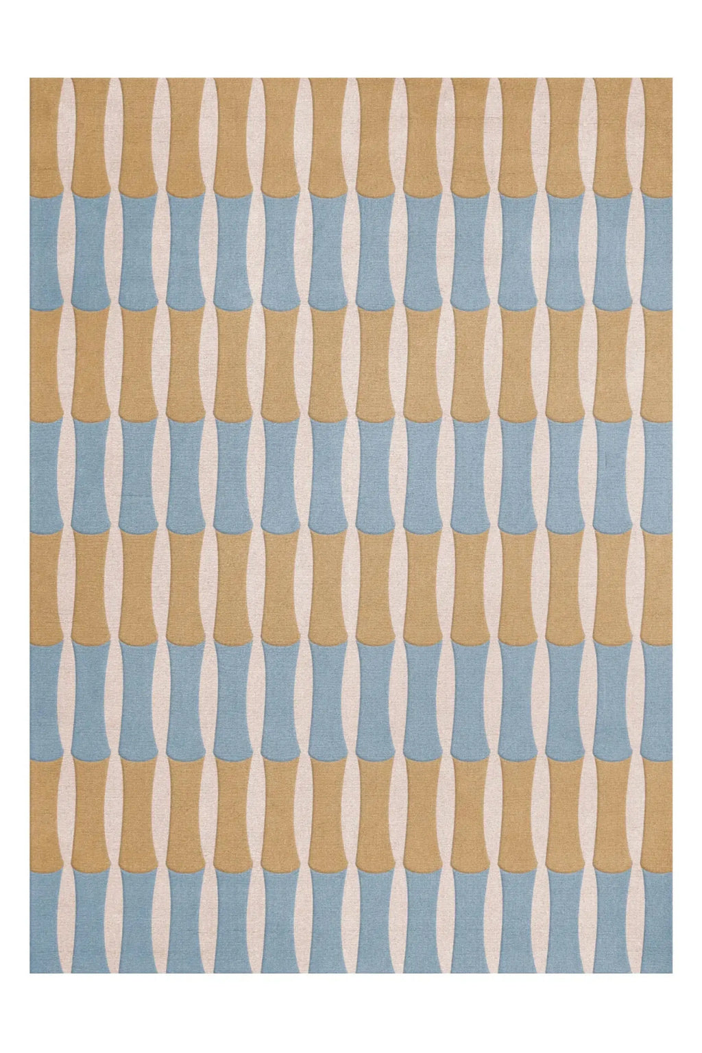 Layered Bamboo Forest Wool Rug, featuring a repeating pattern of alternating light blue and tan bamboo-like shapes on a light beige background. This modern area rug adds a natural touch to any livi...